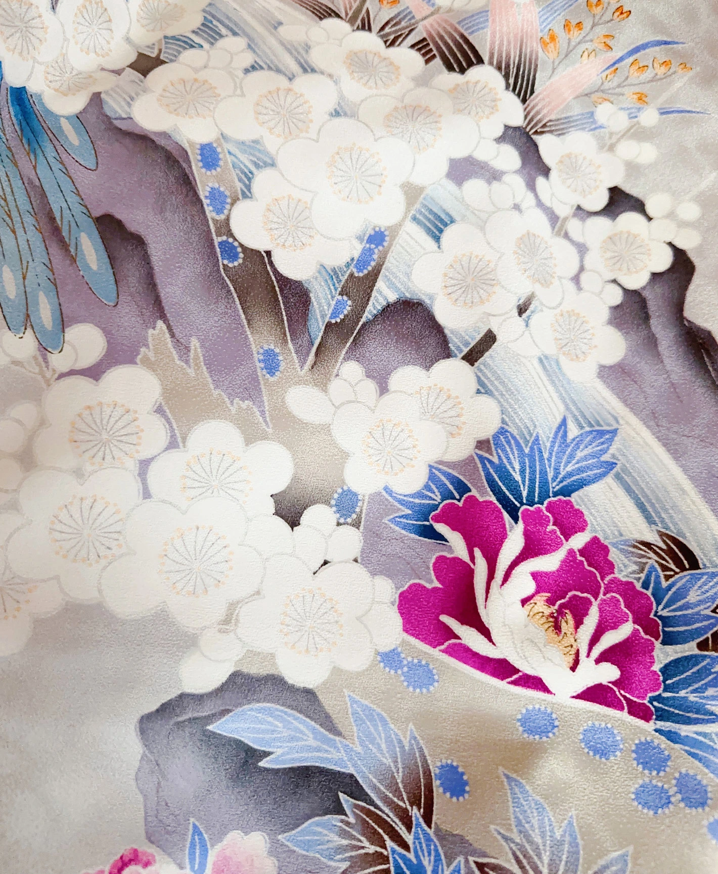 白梅鼠 灰系 暈し染め 鴛鴦 梅 花草 風景 振袖レンタル - 画像 8