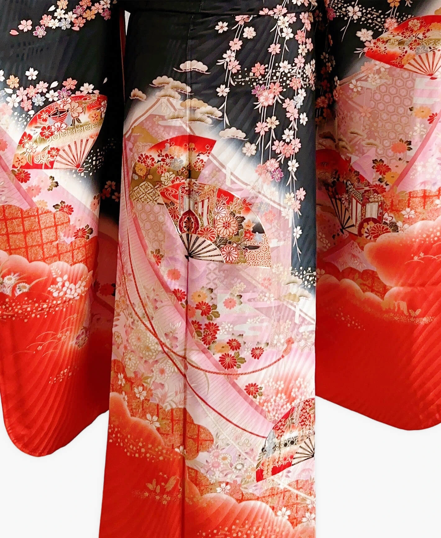 蝋色 黒系 暈し染め 駒刺繍 金彩 垂枝れ桜 扇 花草 振袖レンタル - 画像 5