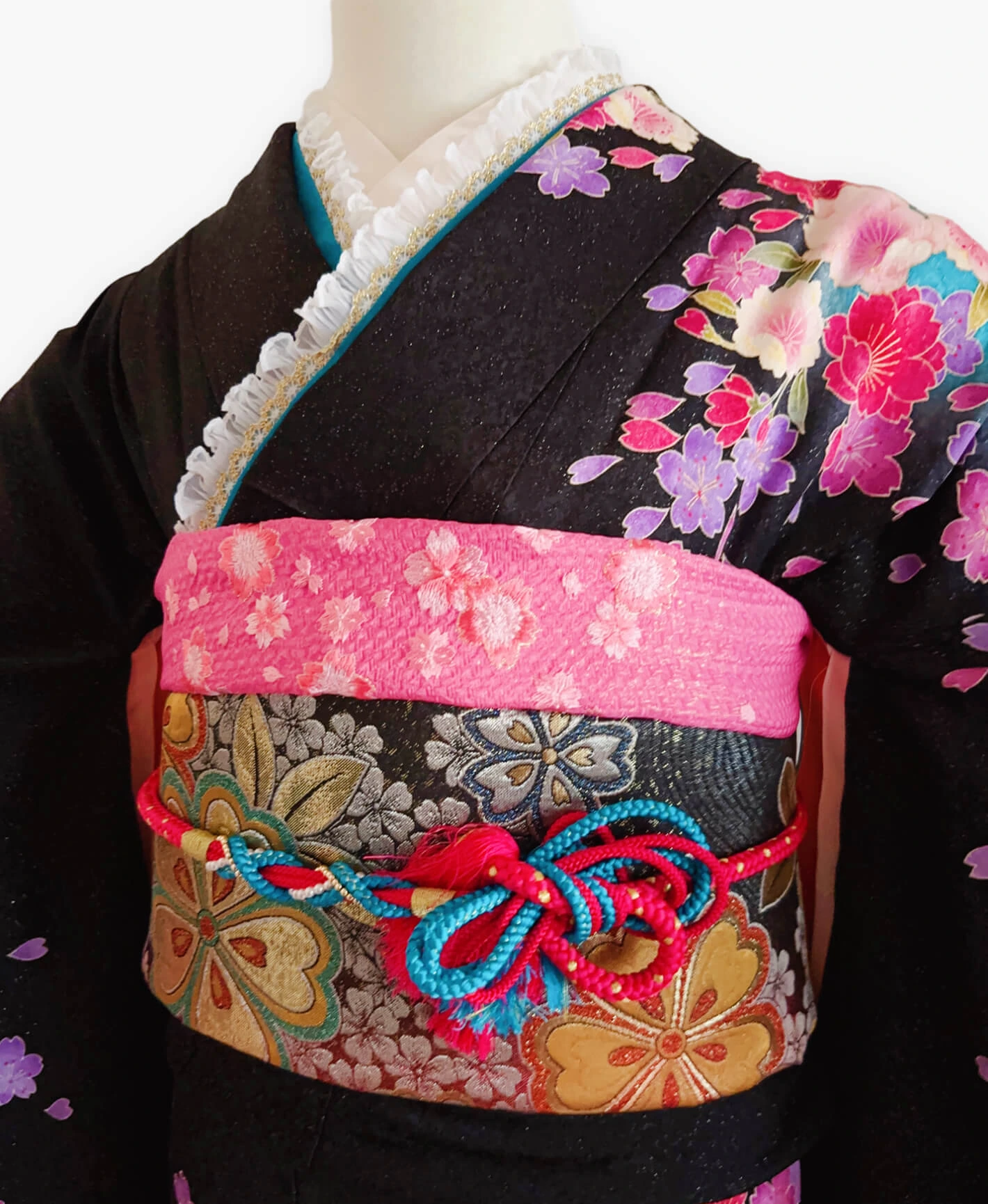 濡羽色 黒系 暈し染め 銀通し 菊 百花繚亂 振袖レンタル - 画像 3