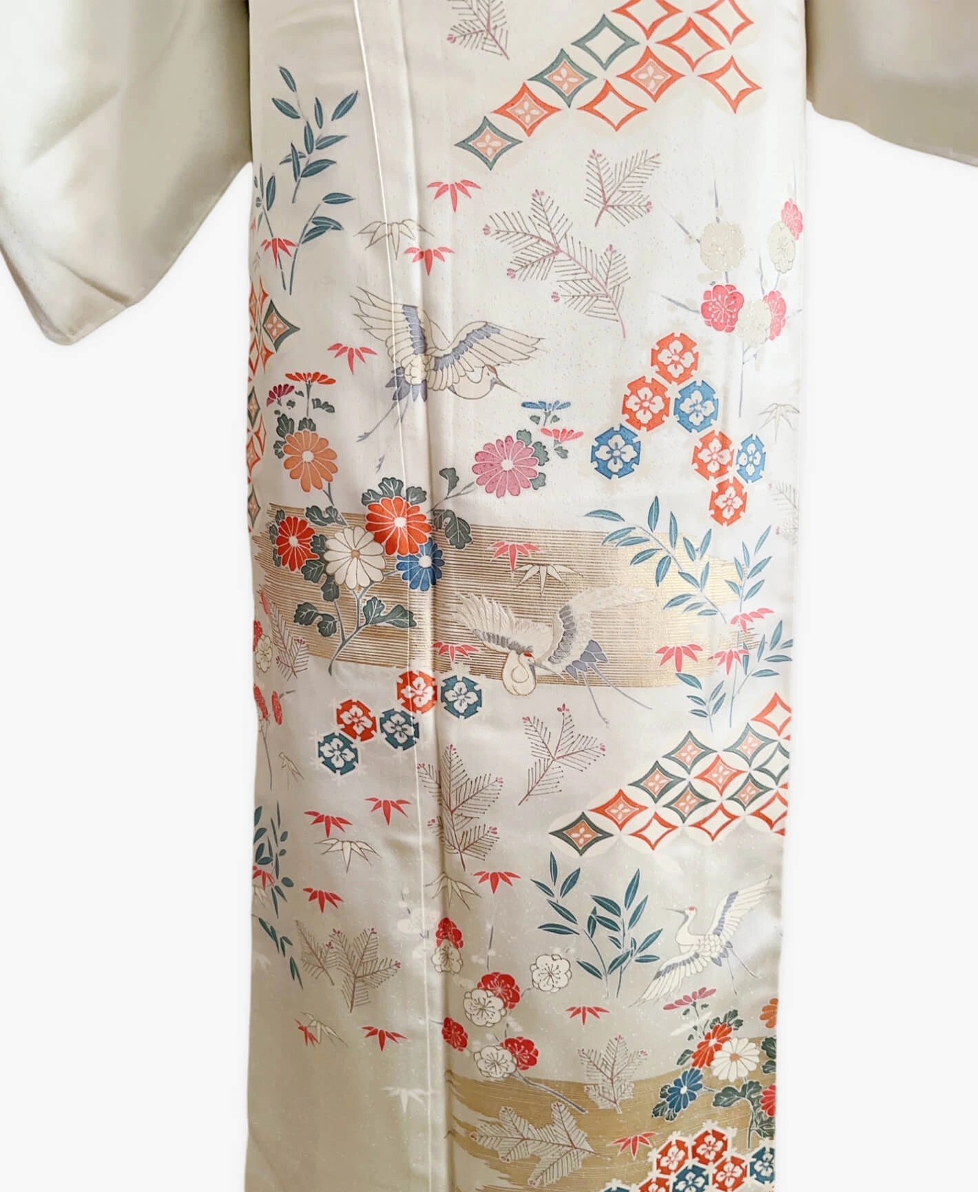 生成り色 白系 刺繍 金彩 花鳥文 鶴 訪問着レンタル - 画像 5