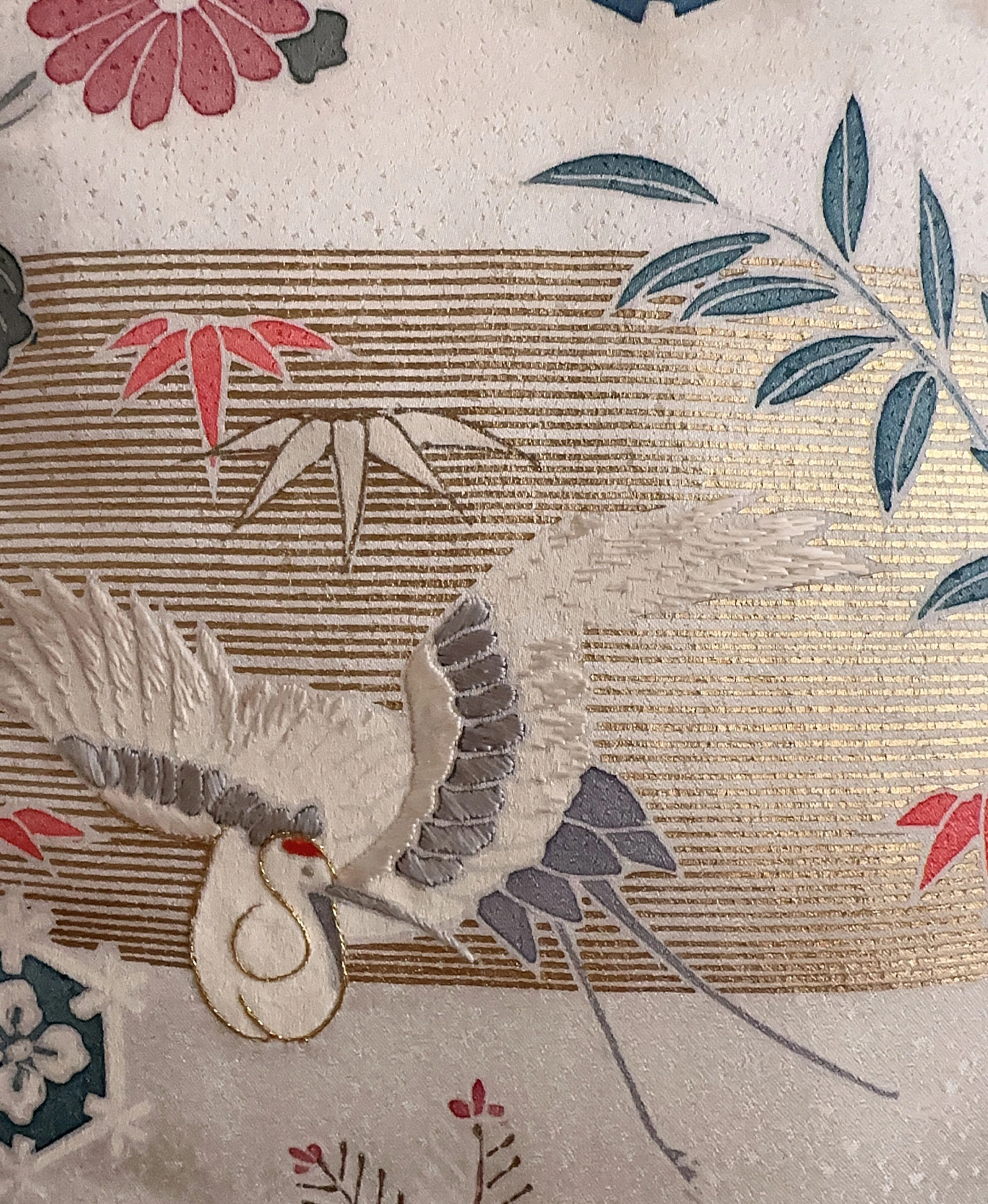 生成り色 白系 刺繍 金彩 花鳥文 鶴 訪問着レンタル - 画像 7