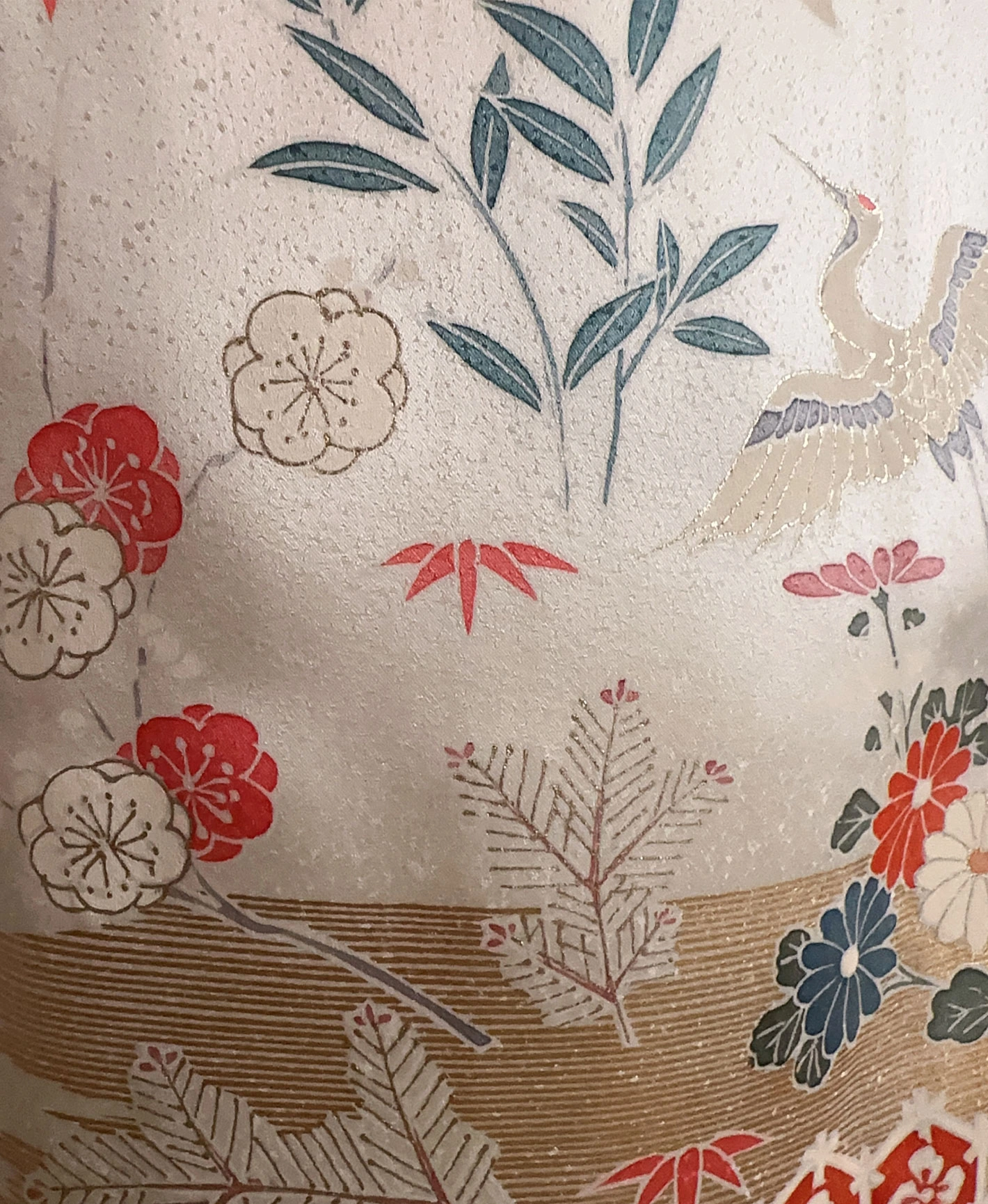 生成り色 白系 刺繍 金彩 花鳥文 鶴 訪問着レンタル - 画像 9