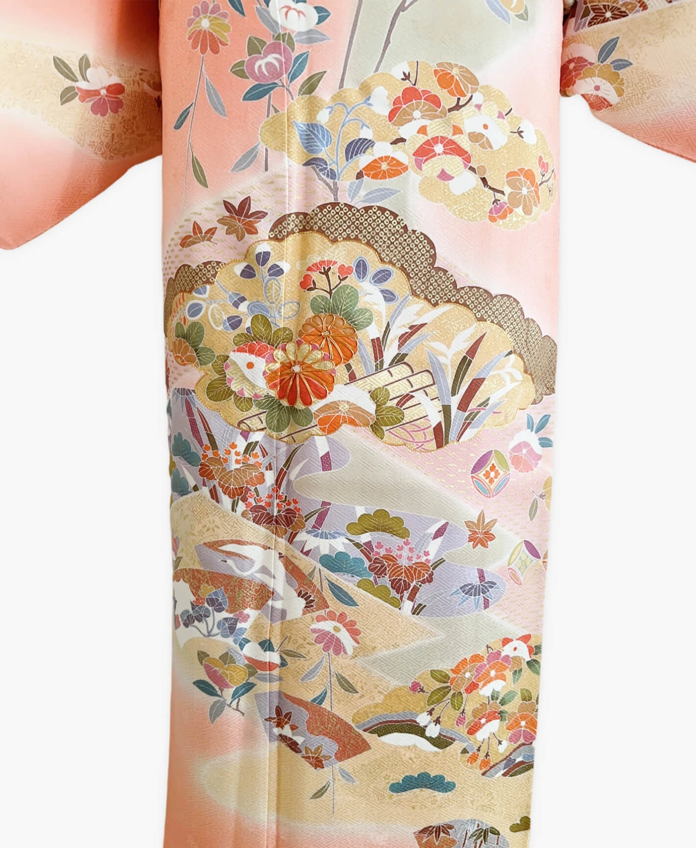洗朱 ピンク系 駒刺繍 暈し染め 金彩 雲取り飛鶴吉祥花筏文 訪問着 - 画像 5
