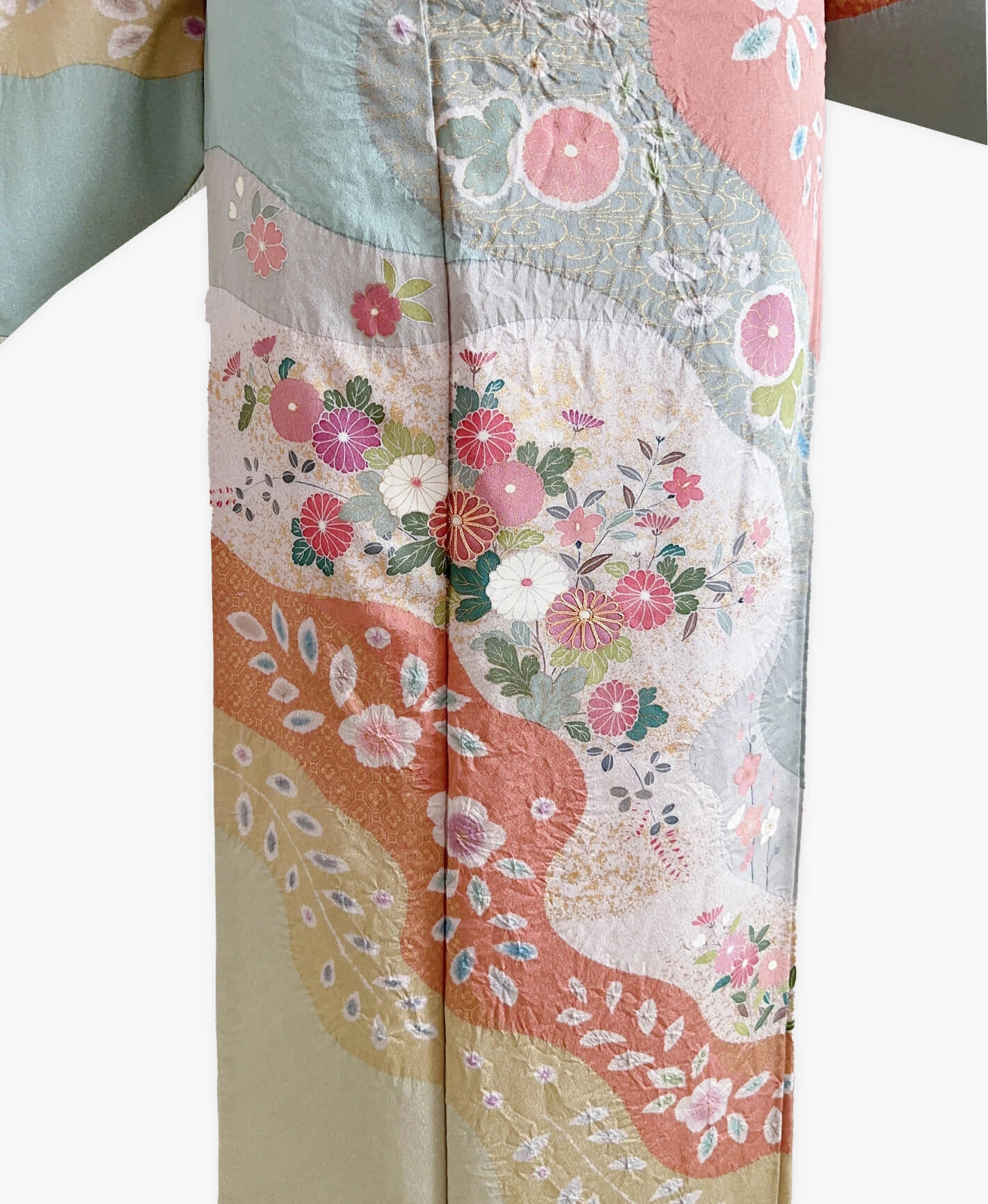 水浅葱色 緑系 青系 絞り 道長文 菊花草 訪問着 - 画像 5