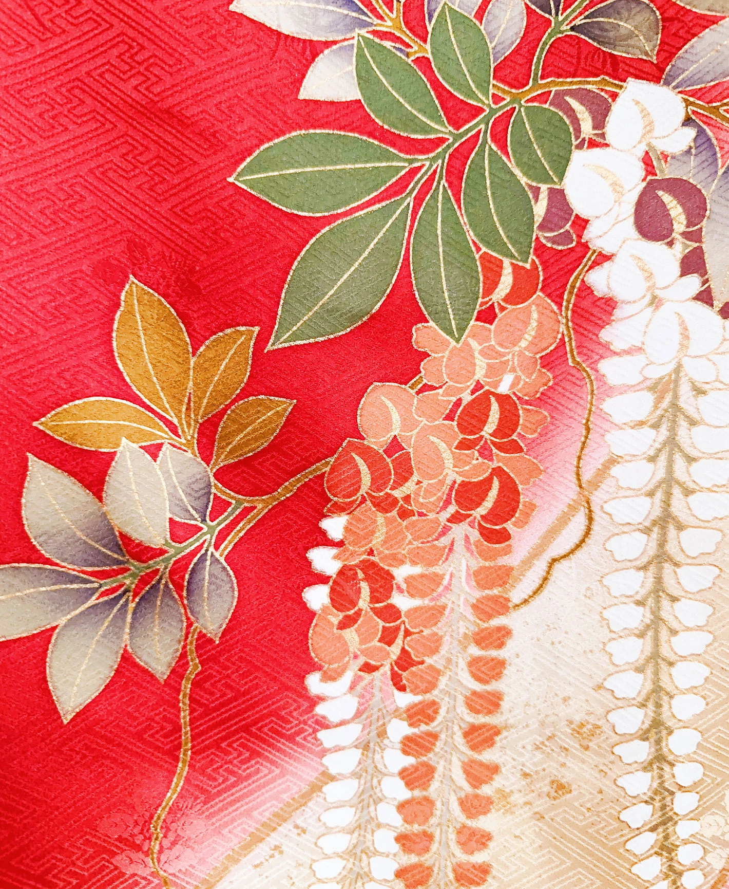 紅緋 赤系 暈し染め 駒刺繍 金彩 藤 蝶 花草 振袖レンタル - 画像 9