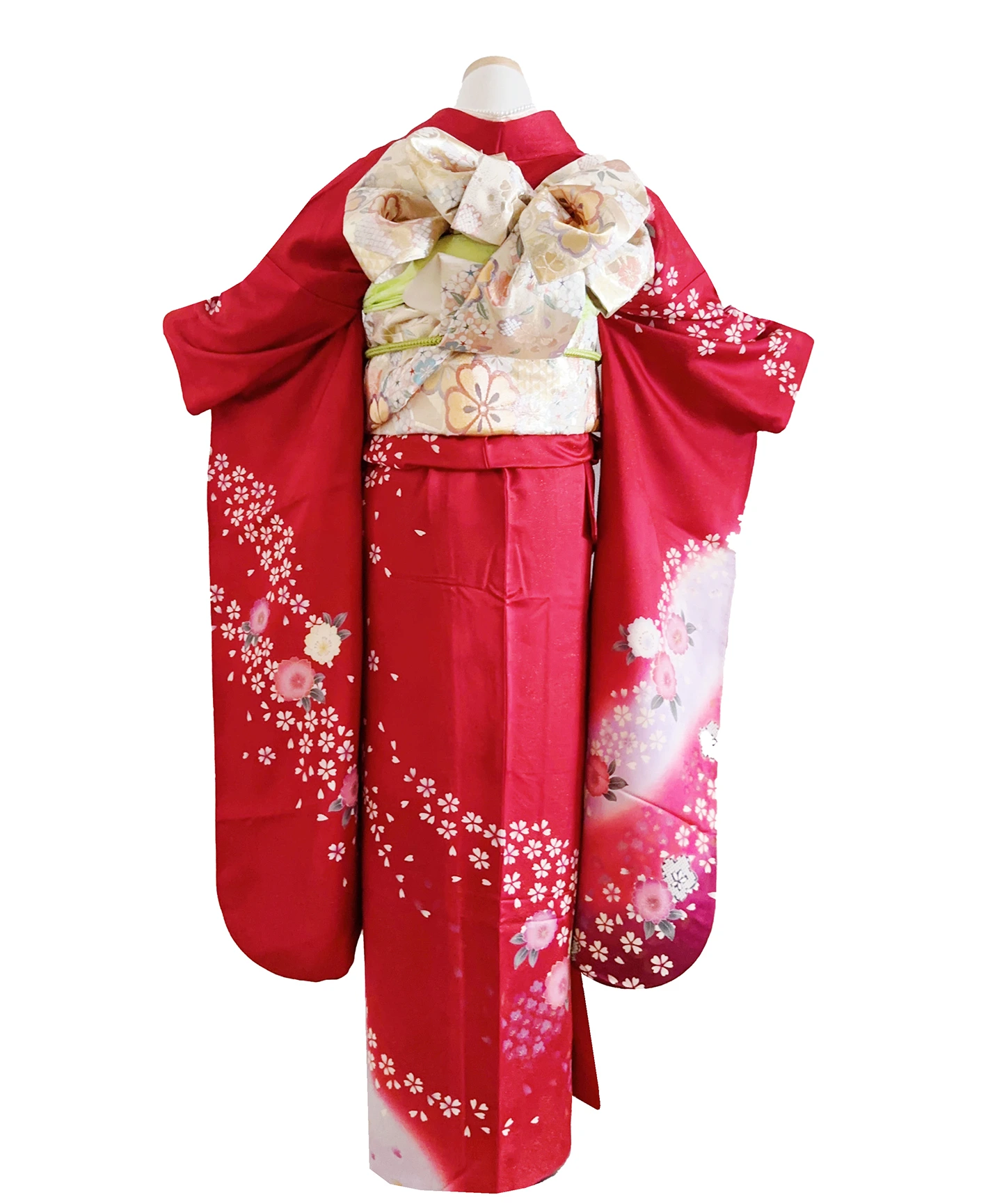 紅色 赤系 暈し染め 刺繍 桜吹雪 振袖 - 画像 2