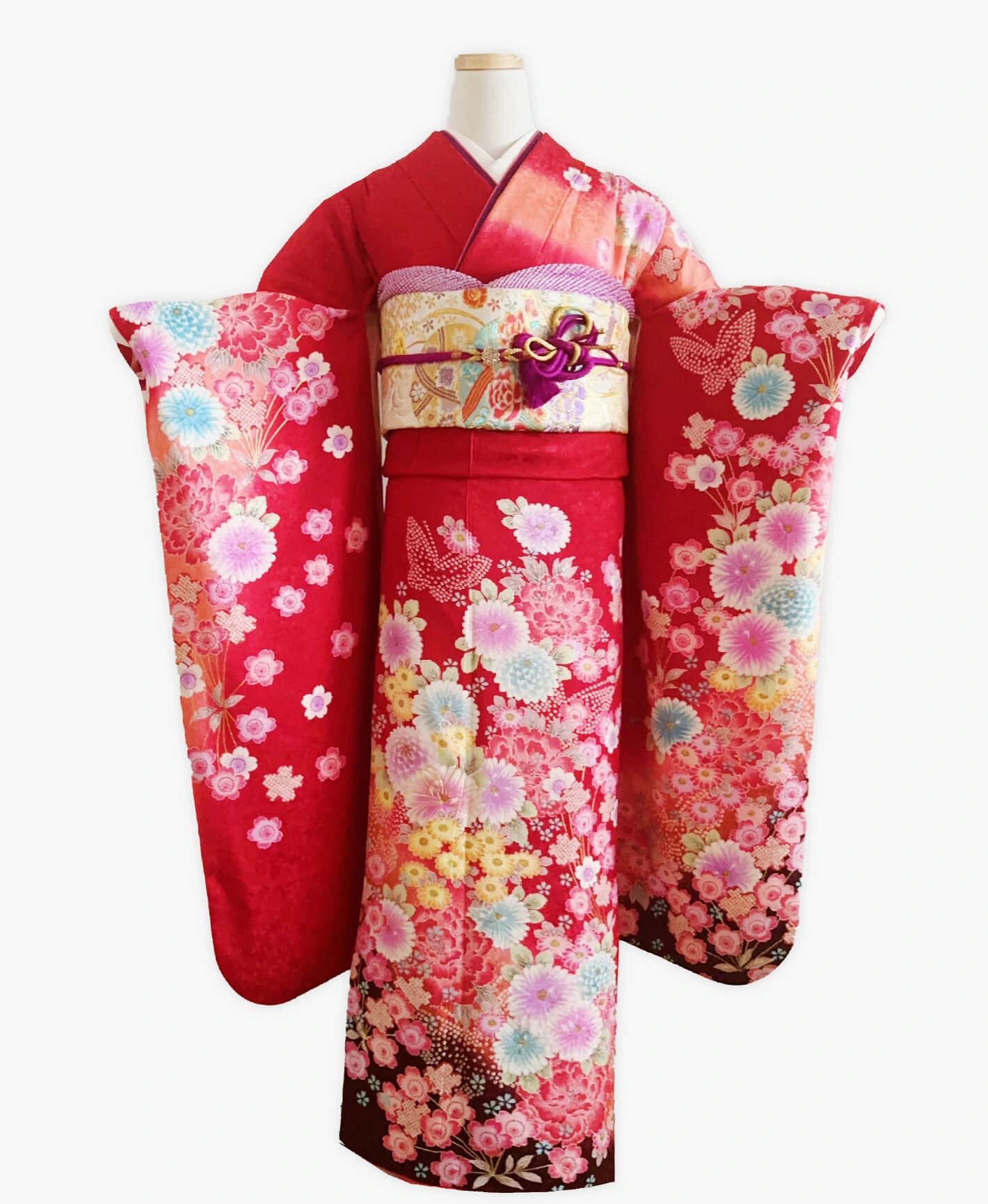 朱緋色 赤系 絞り風 蝶 百花繚乱 振袖 - 画像 1