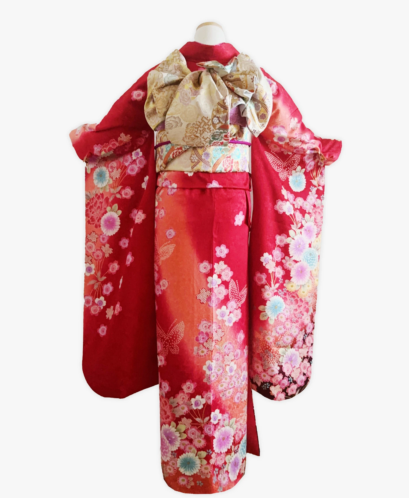 朱緋色 赤系 絞り風 蝶 百花繚乱 振袖 - 画像 2