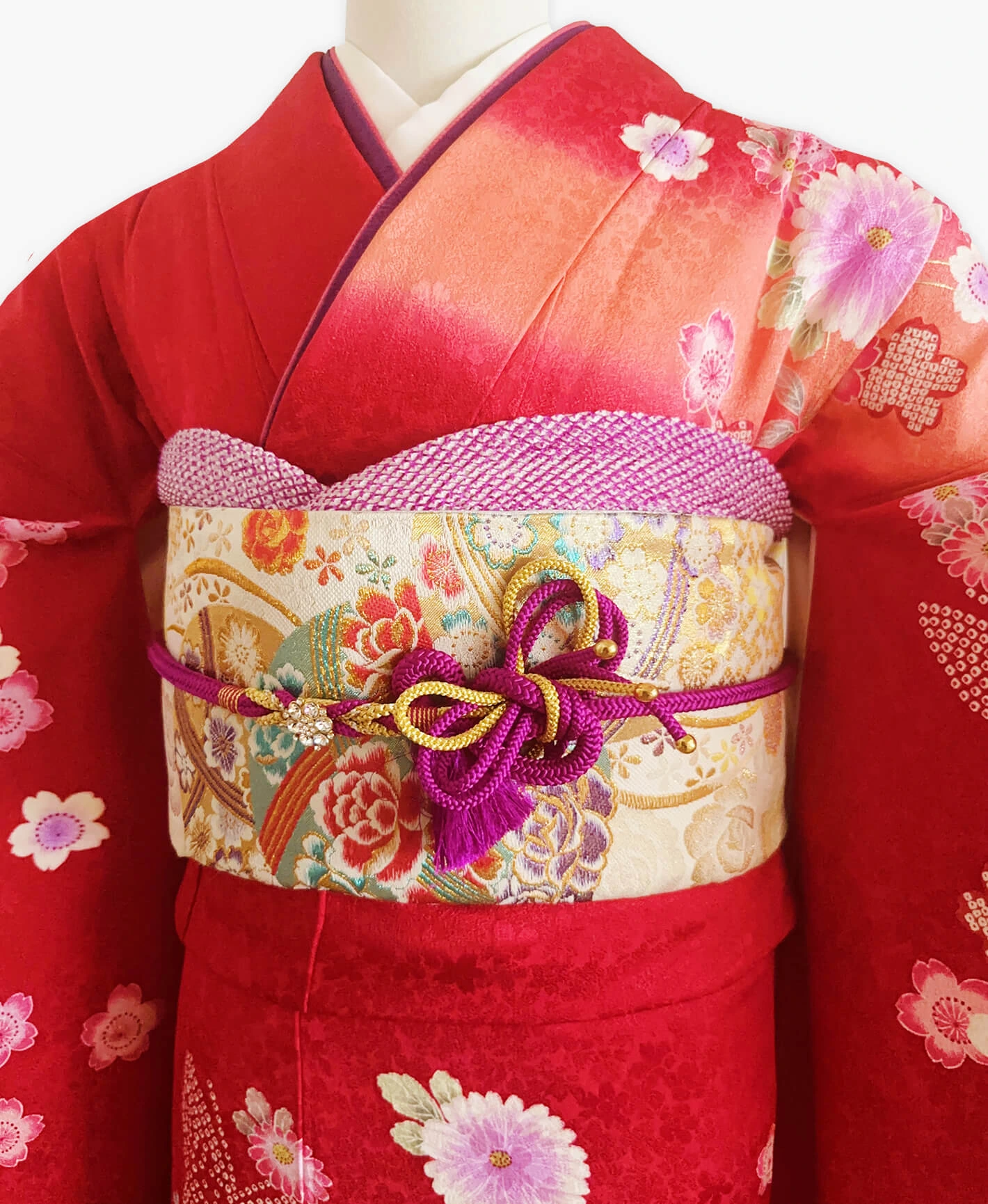 朱緋色 赤系 絞り風 蝶 百花繚乱 振袖 - 画像 3