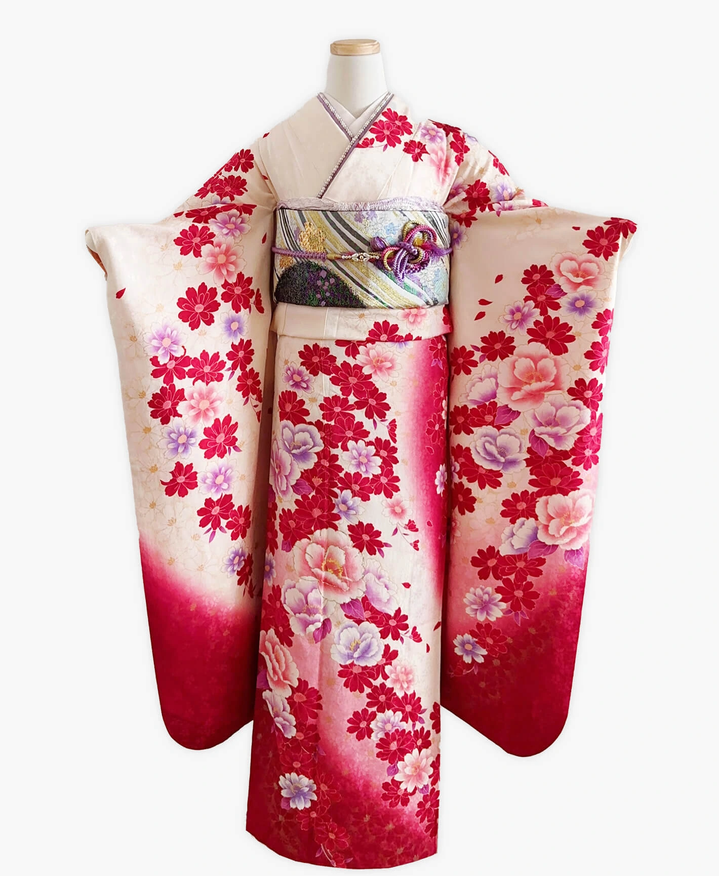 深緋 赤系 胡粉色 白系 暈し染め 手描き 可憐な花 振袖 - 画像 1