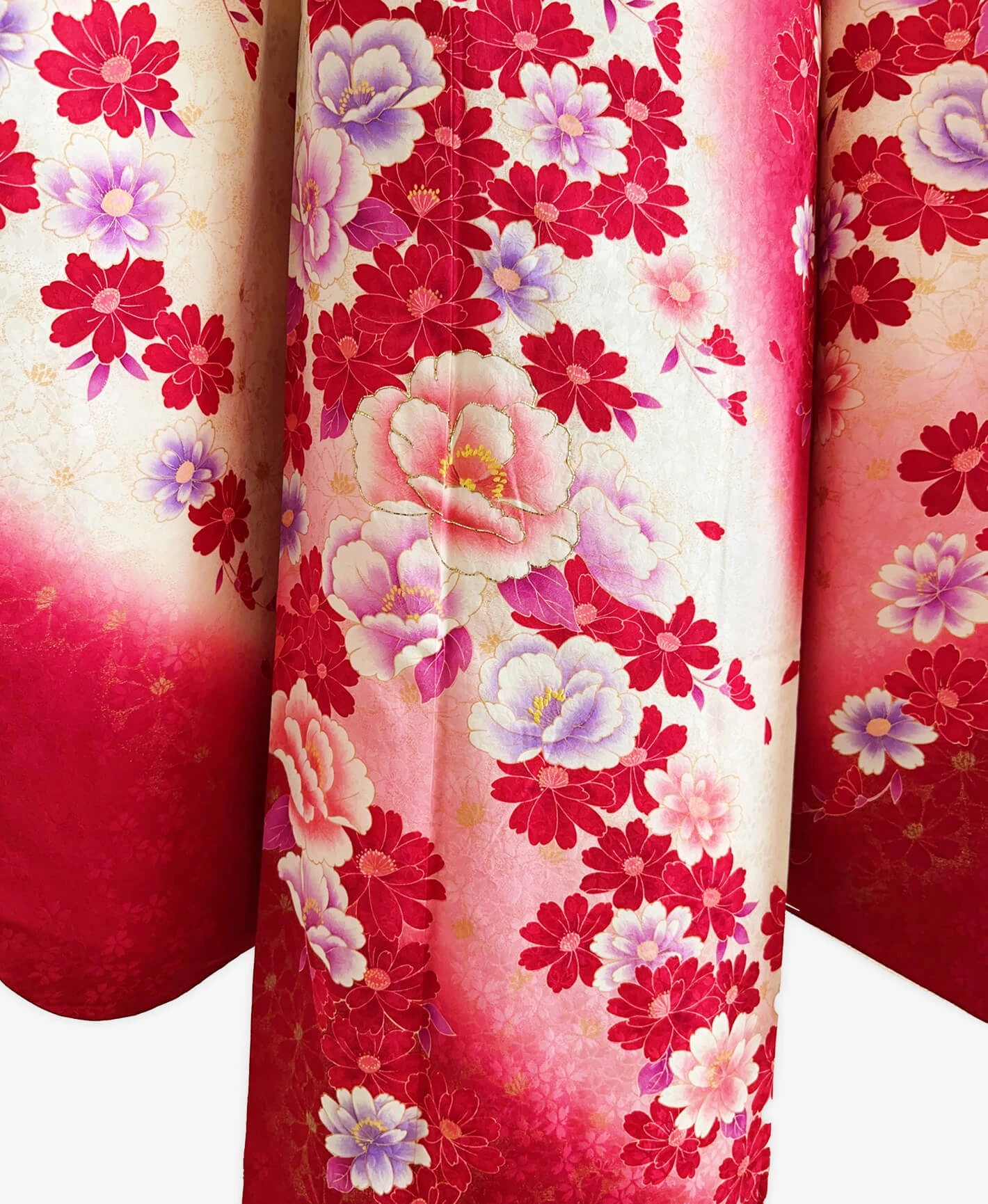 深緋 赤系 胡粉色 白系 暈し染め 手描き 可憐な花 振袖 - 画像 5