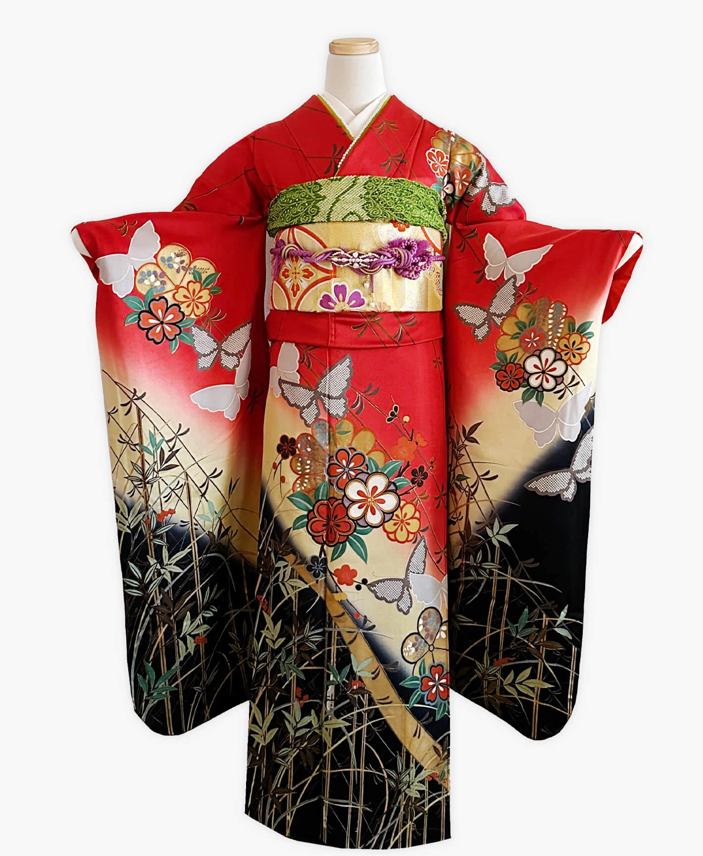深緋色 赤系 駒刺繍 舞蝶 笹竹花文 振袖 - 画像 1