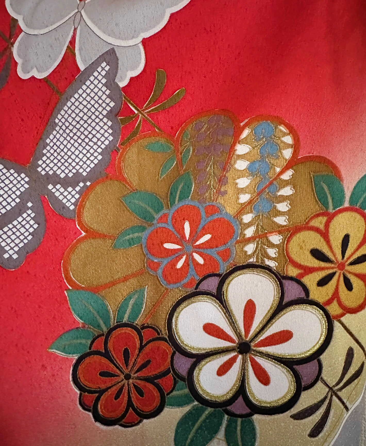 深緋色 赤系 駒刺繍 舞蝶 笹竹花文 振袖 - 画像 7