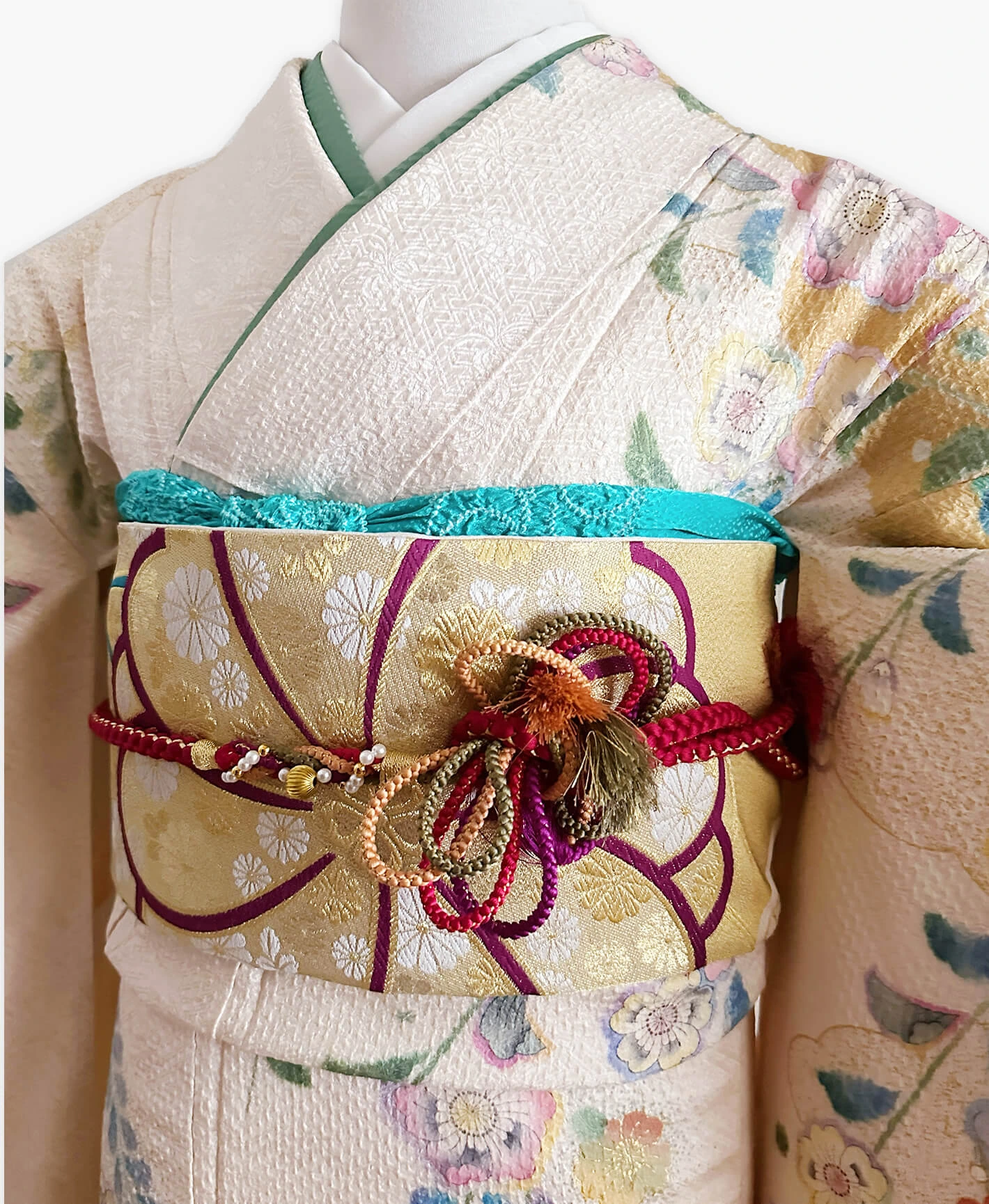 生成り色 白系 総絞り 花雪輪  辻ヶ花 振袖 - 画像 3