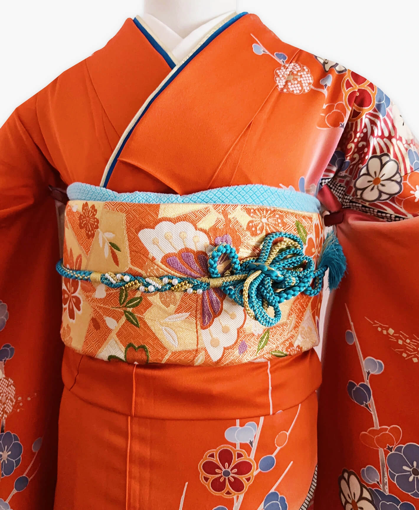 赤橙色 橙系 手描き 青海波 花草 振袖 - 画像 3