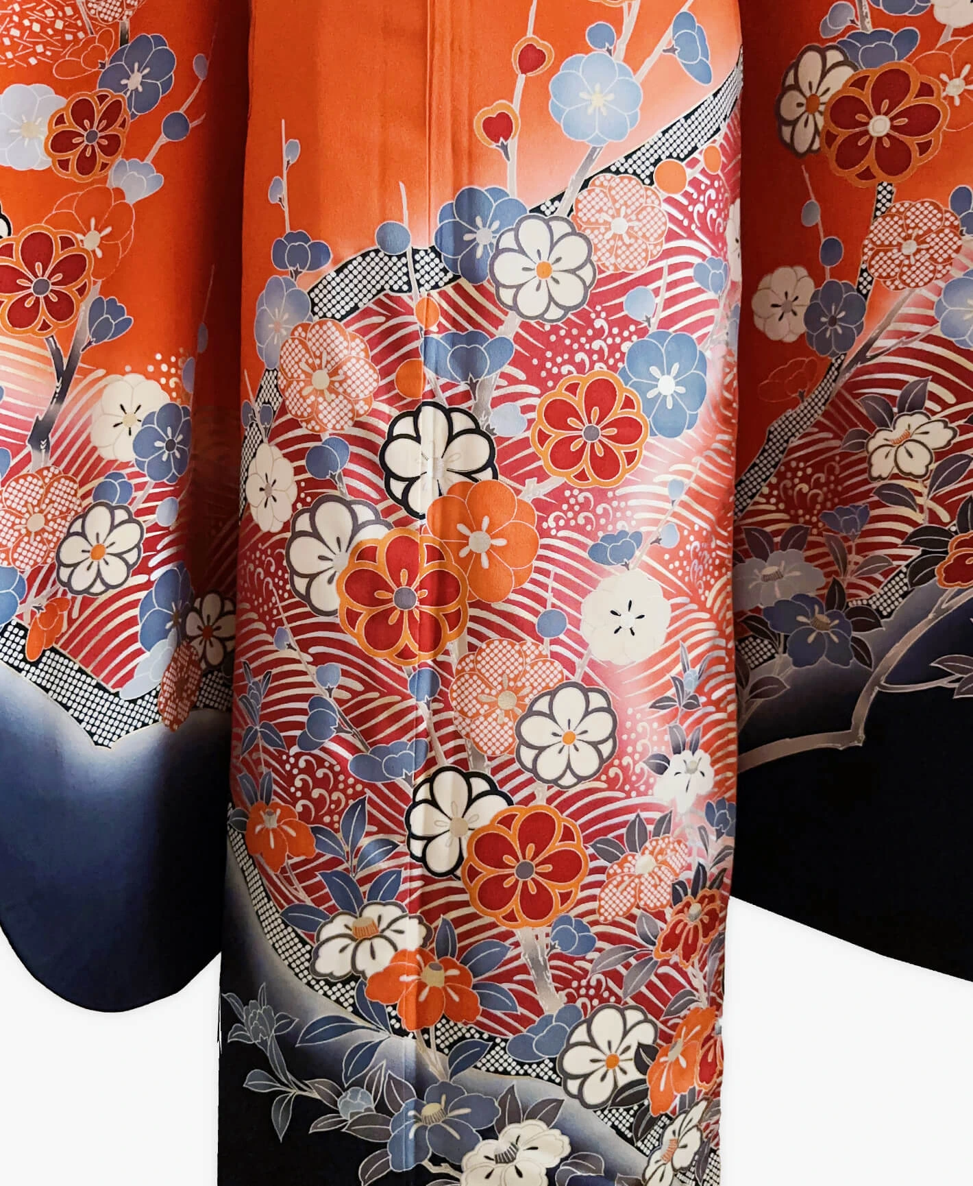 赤橙色 橙系 手描き 青海波 花草 振袖 - 画像 5