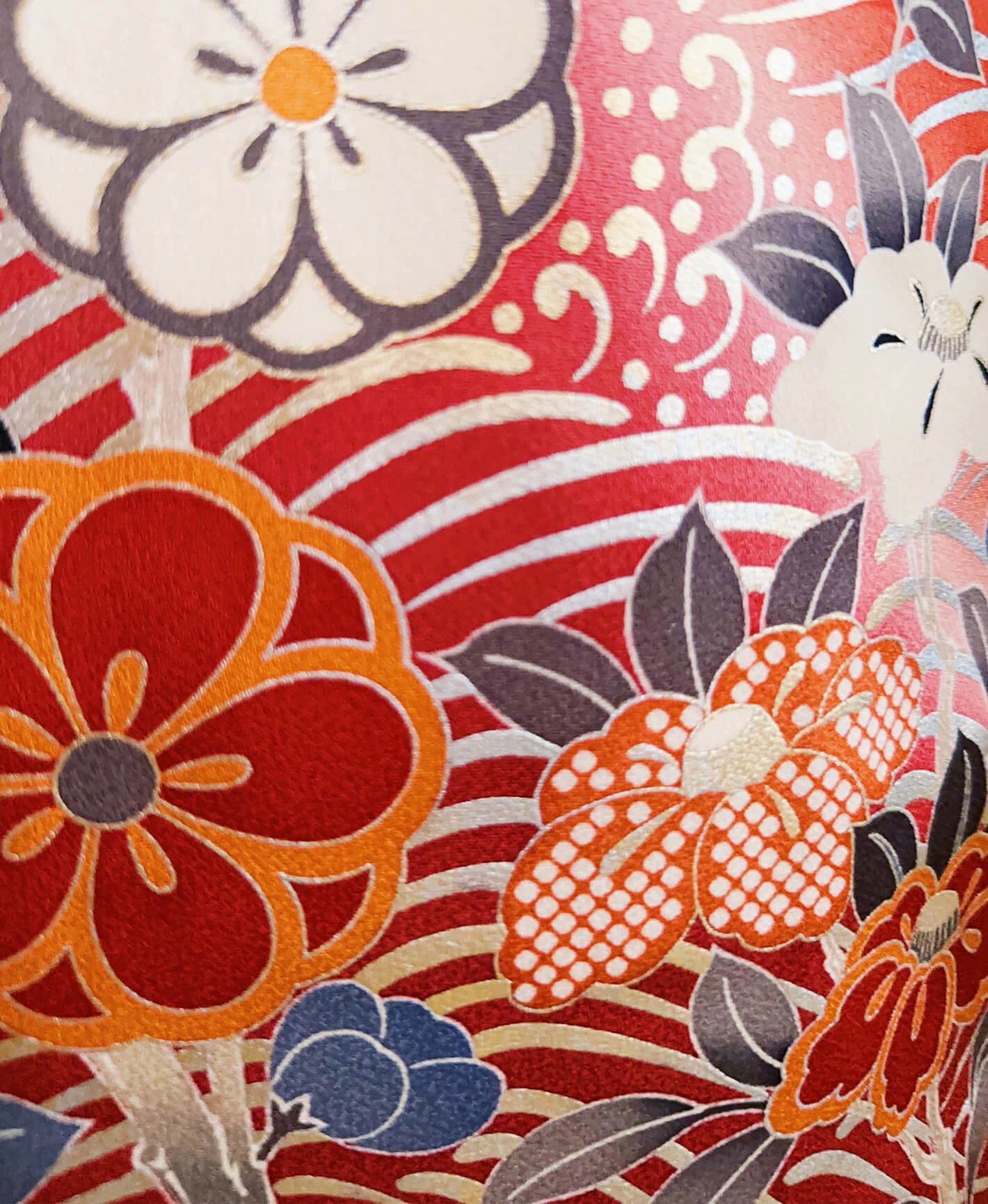 赤橙色 橙系 手描き 青海波 花草 振袖 - 画像 7
