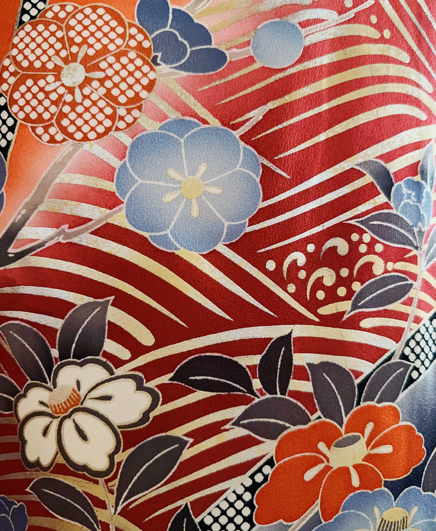 赤橙色 橙系 手描き 青海波 花草 振袖 - 画像 8