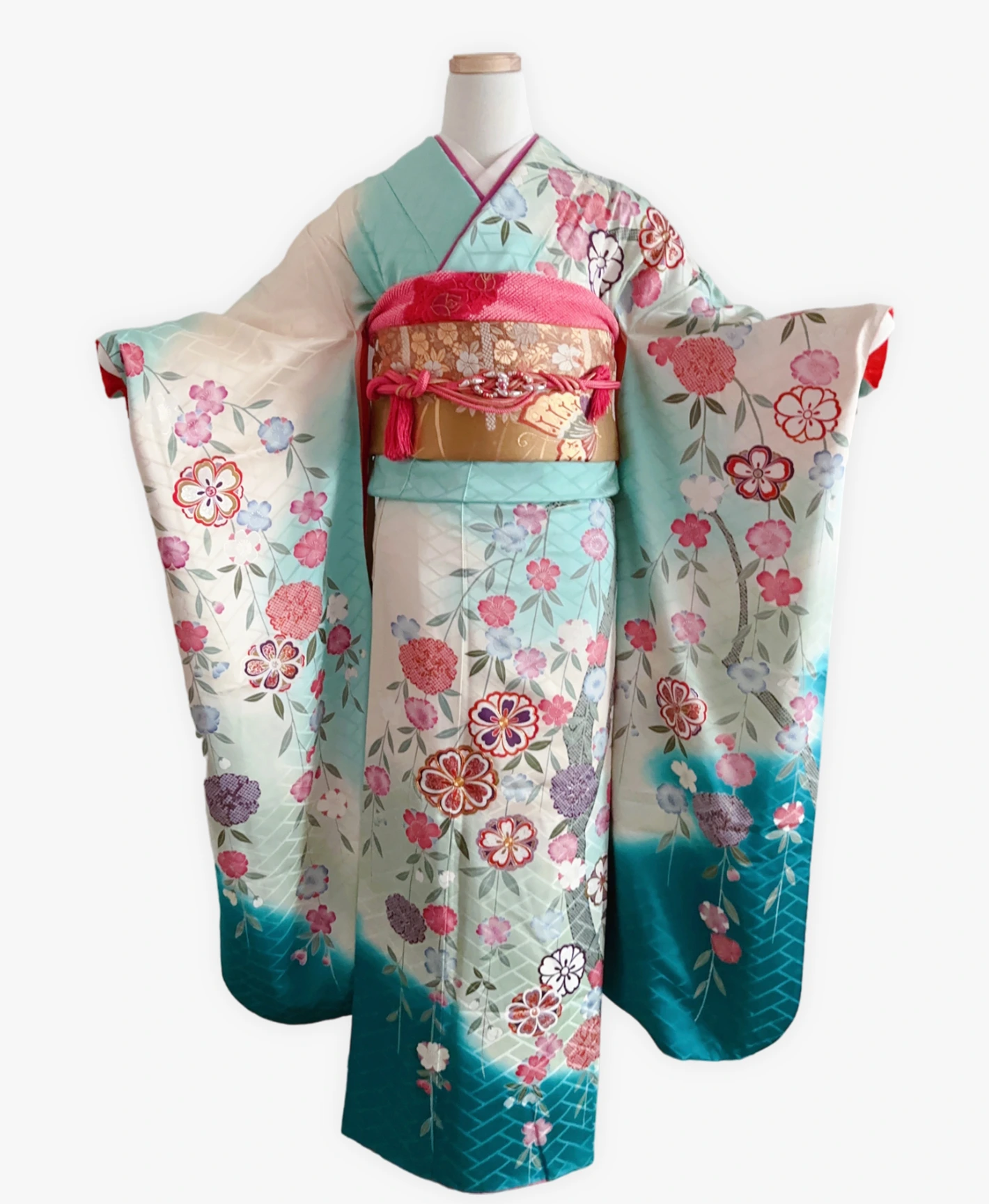 青竹色 緑系 暈し染め 駒刺繍 金彩 枝垂れ桜 振袖レンタル - 画像 1