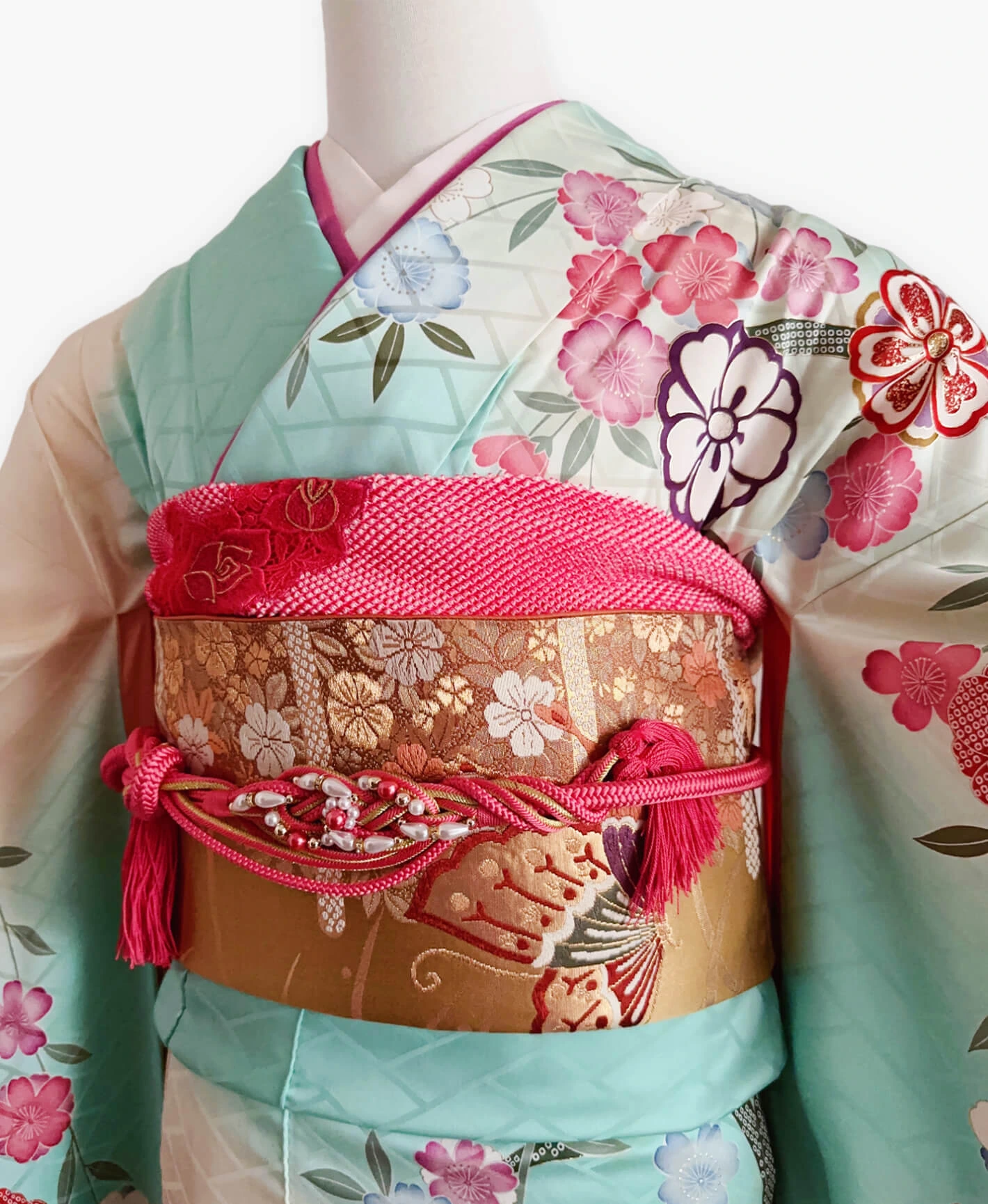 青竹色 緑系 暈し染め 駒刺繍 金彩 枝垂れ桜 振袖レンタル - 画像 3