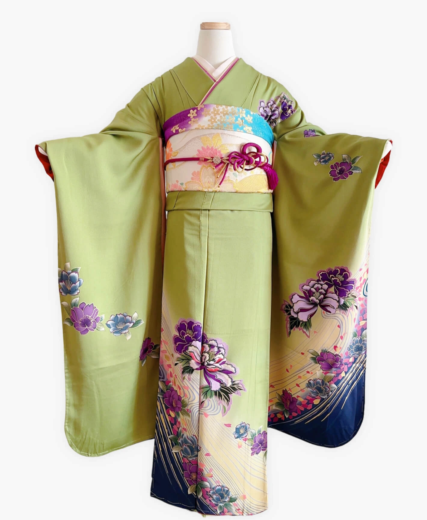 青丹 緑系 暈し染め 金彩 牡丹 花草 流水 振袖レンタル - 画像 1