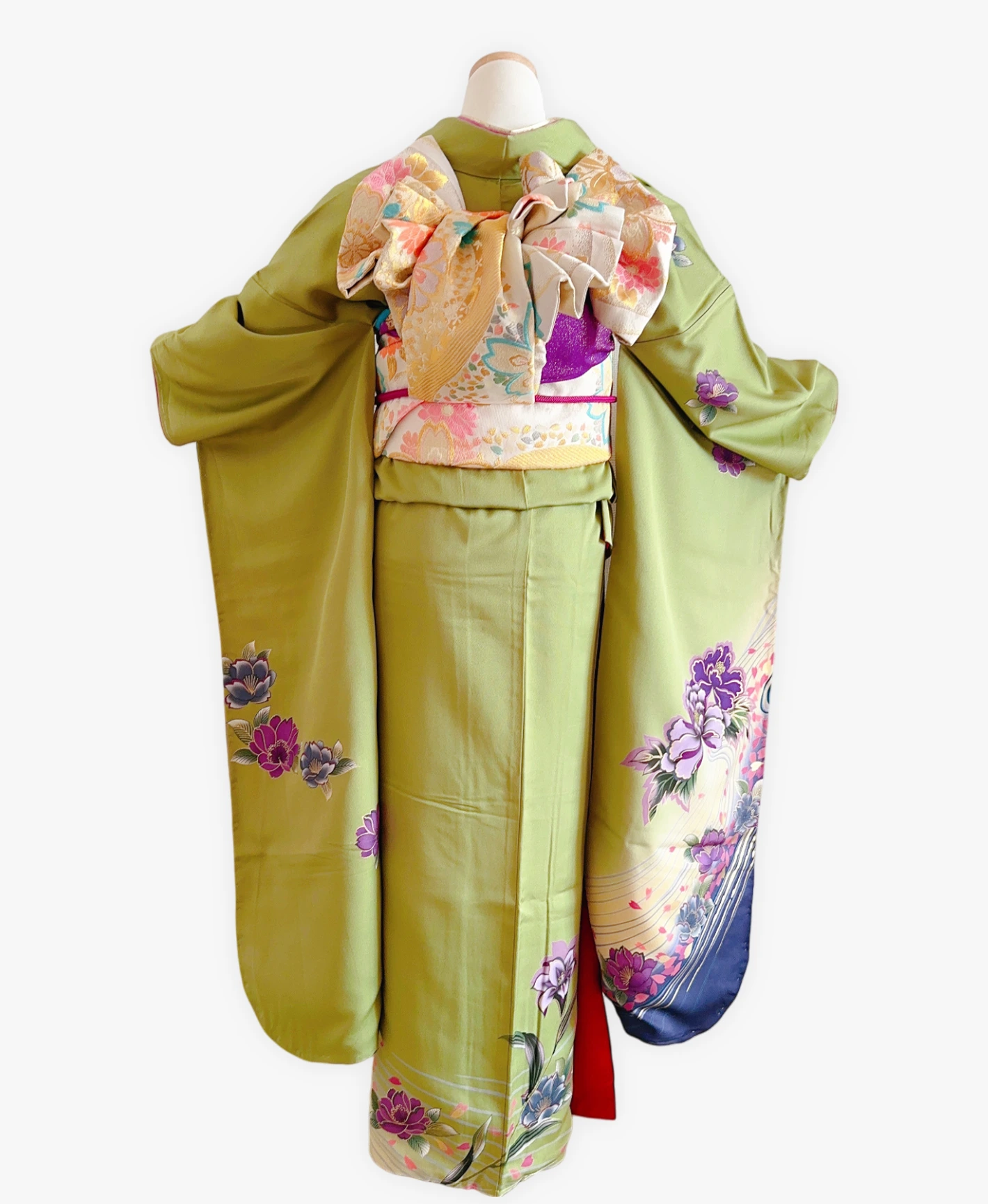 青丹 緑系 暈し染め 金彩 牡丹 花草 流水 振袖レンタル - 画像 2