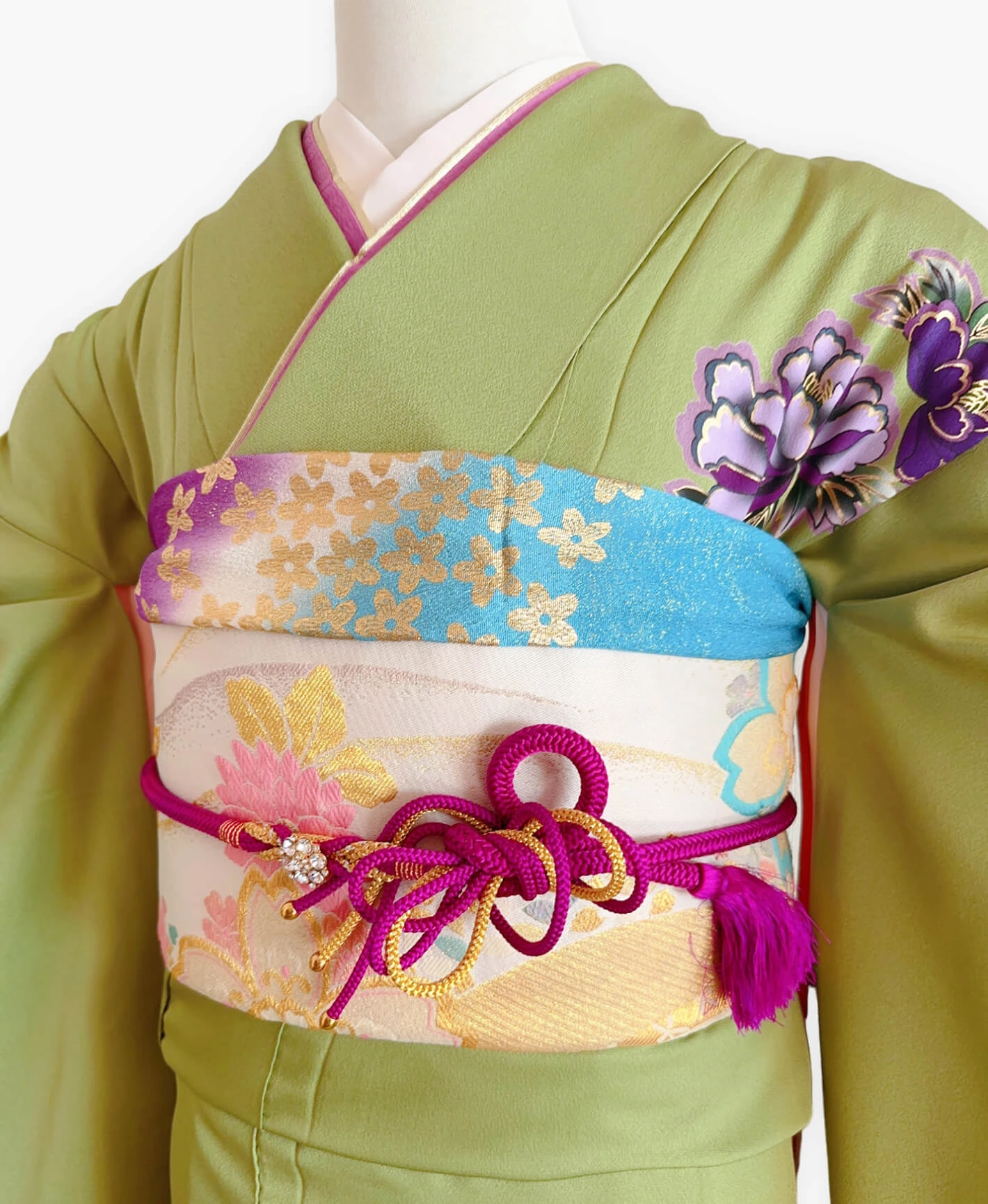 青丹 緑系 暈し染め 金彩 牡丹 花草 流水 振袖レンタル - 画像 3