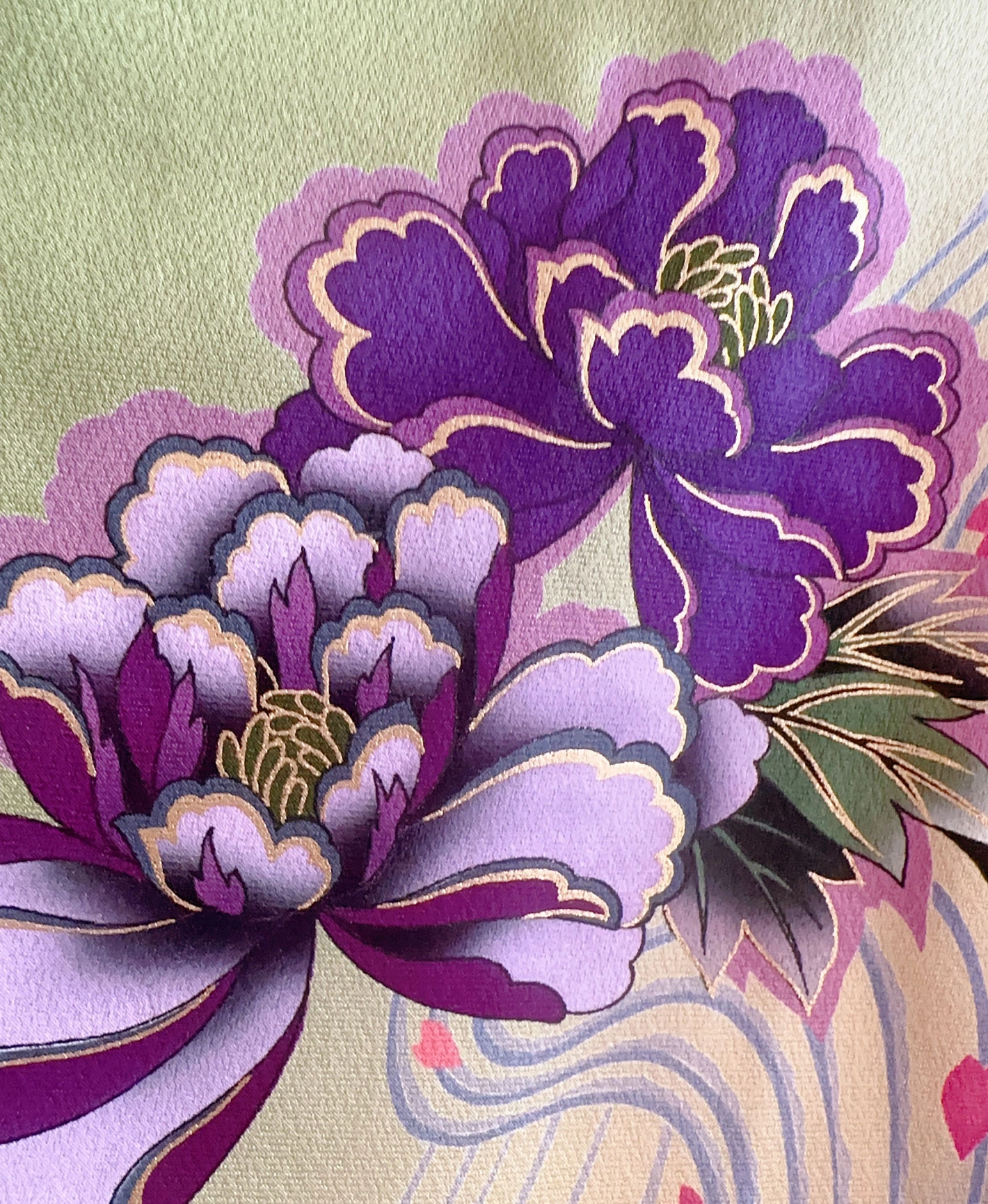 青丹 緑系 暈し染め 金彩 牡丹 花草 流水 振袖レンタル - 画像 7