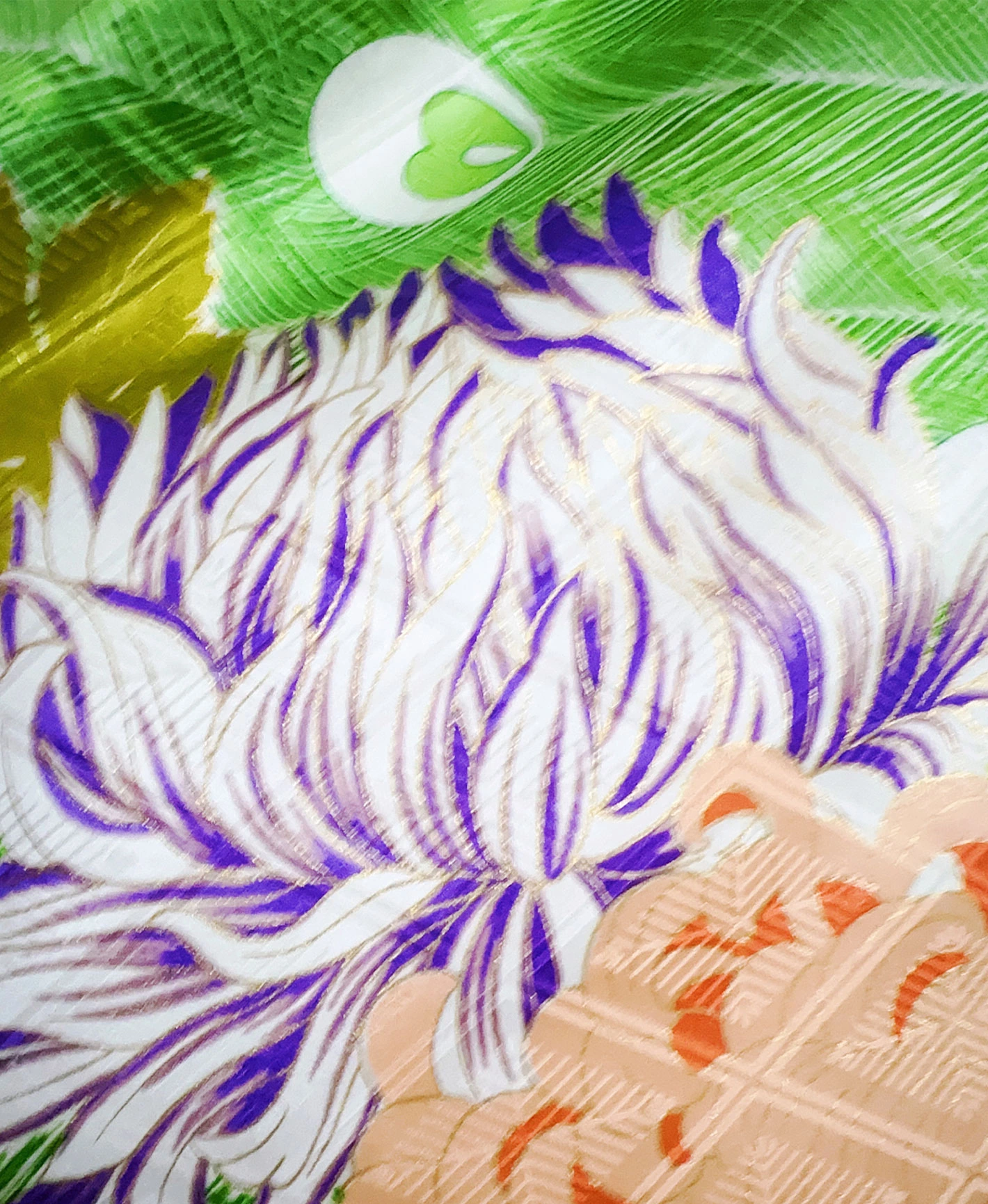 萌黄 緑系 暈し染め 駒刺繍 金彩 孔雀 牡丹 花草 振袖レンタル - 画像 8
