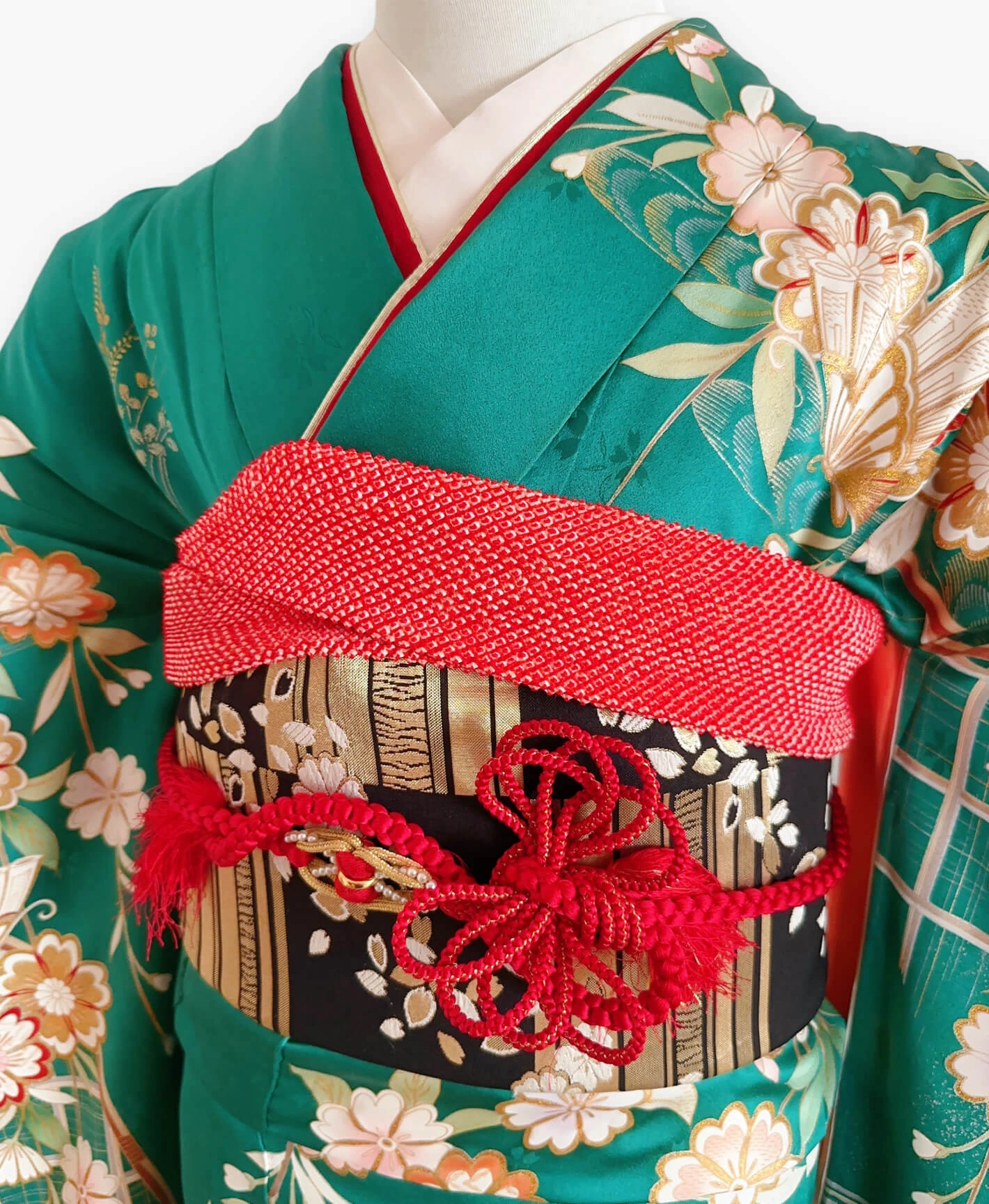常磐色 緑系 暈し染め 駒刺繍 金彩 桜 蝶 流水 振袖レンタル - 画像 3