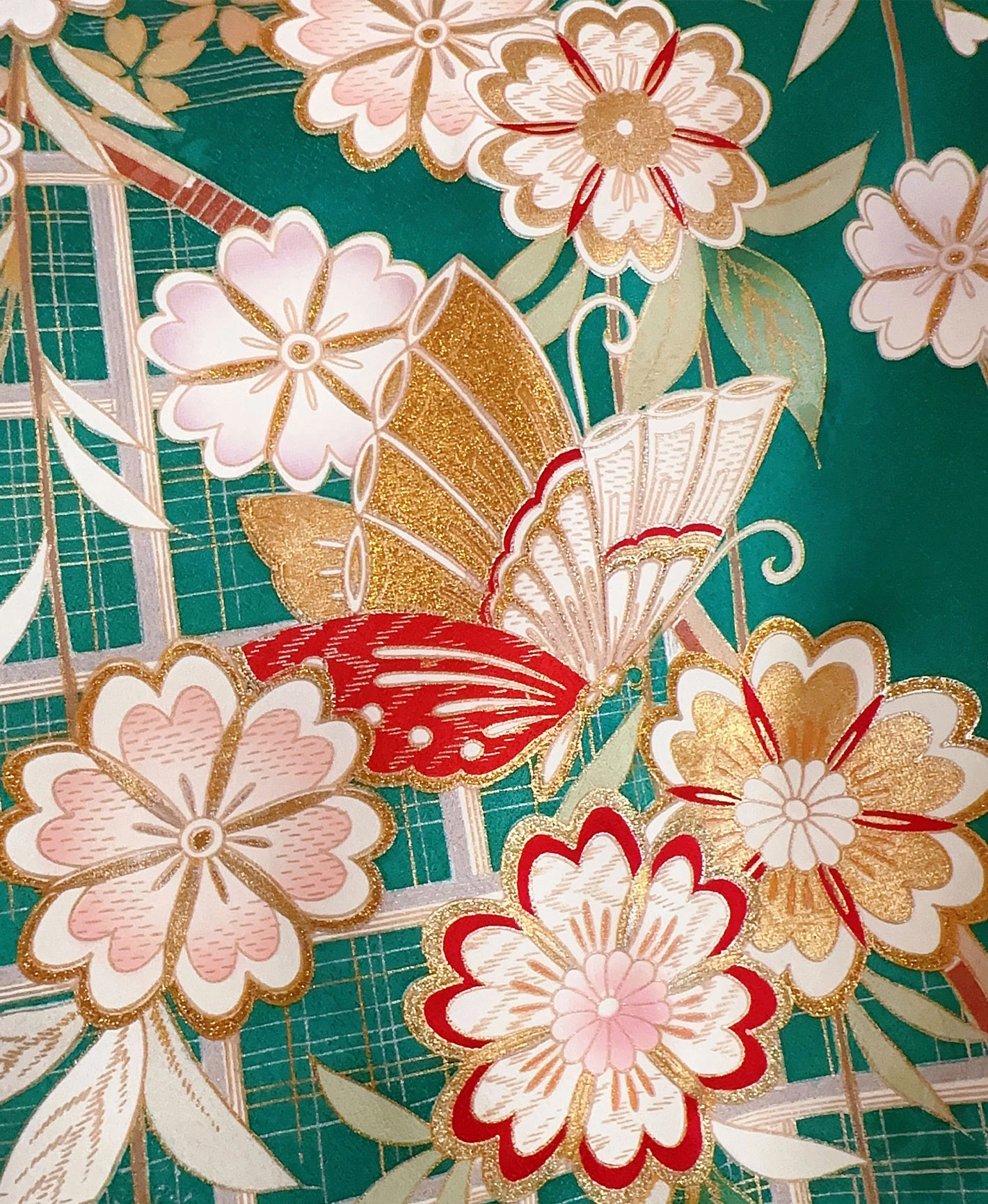 常磐色 緑系 暈し染め 駒刺繍 金彩 桜 蝶 流水 振袖レンタル - 画像 7