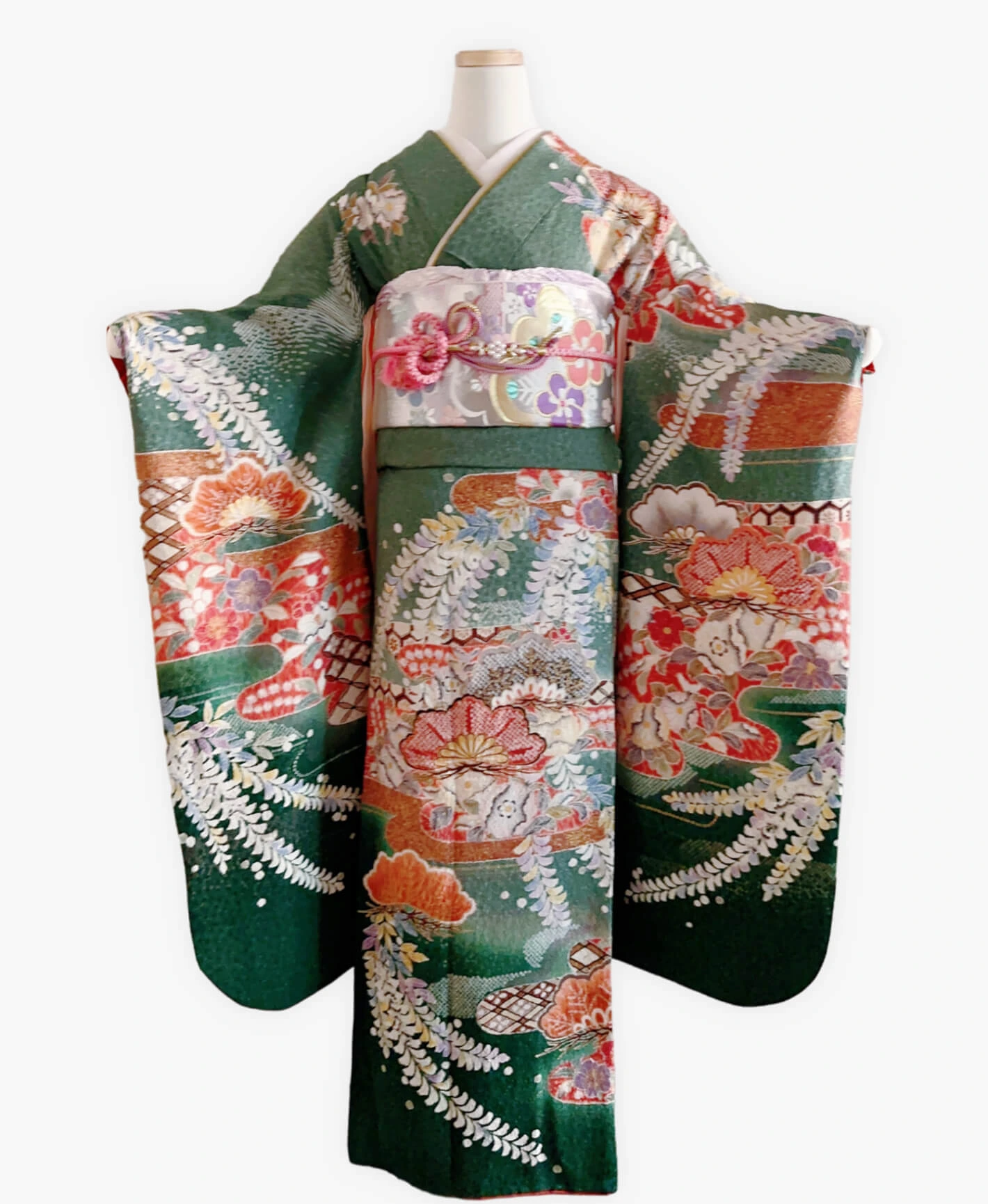 木賊色 緑系 暈し染め 絞り 藤 松 花草 振袖レンタル - 画像 1