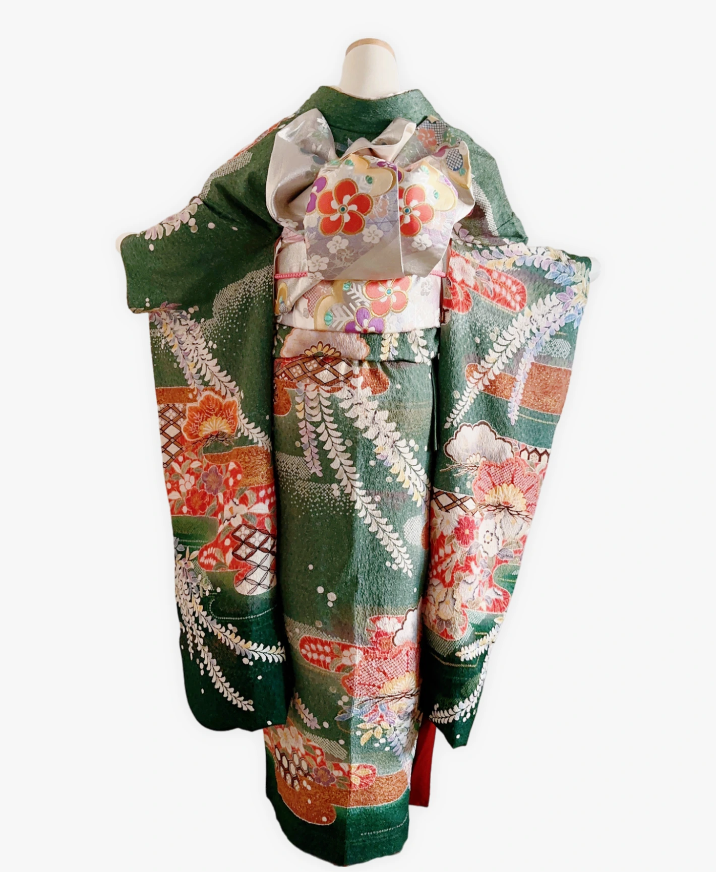木賊色 緑系 暈し染め 絞り 藤 松 花草 振袖レンタル - 画像 2