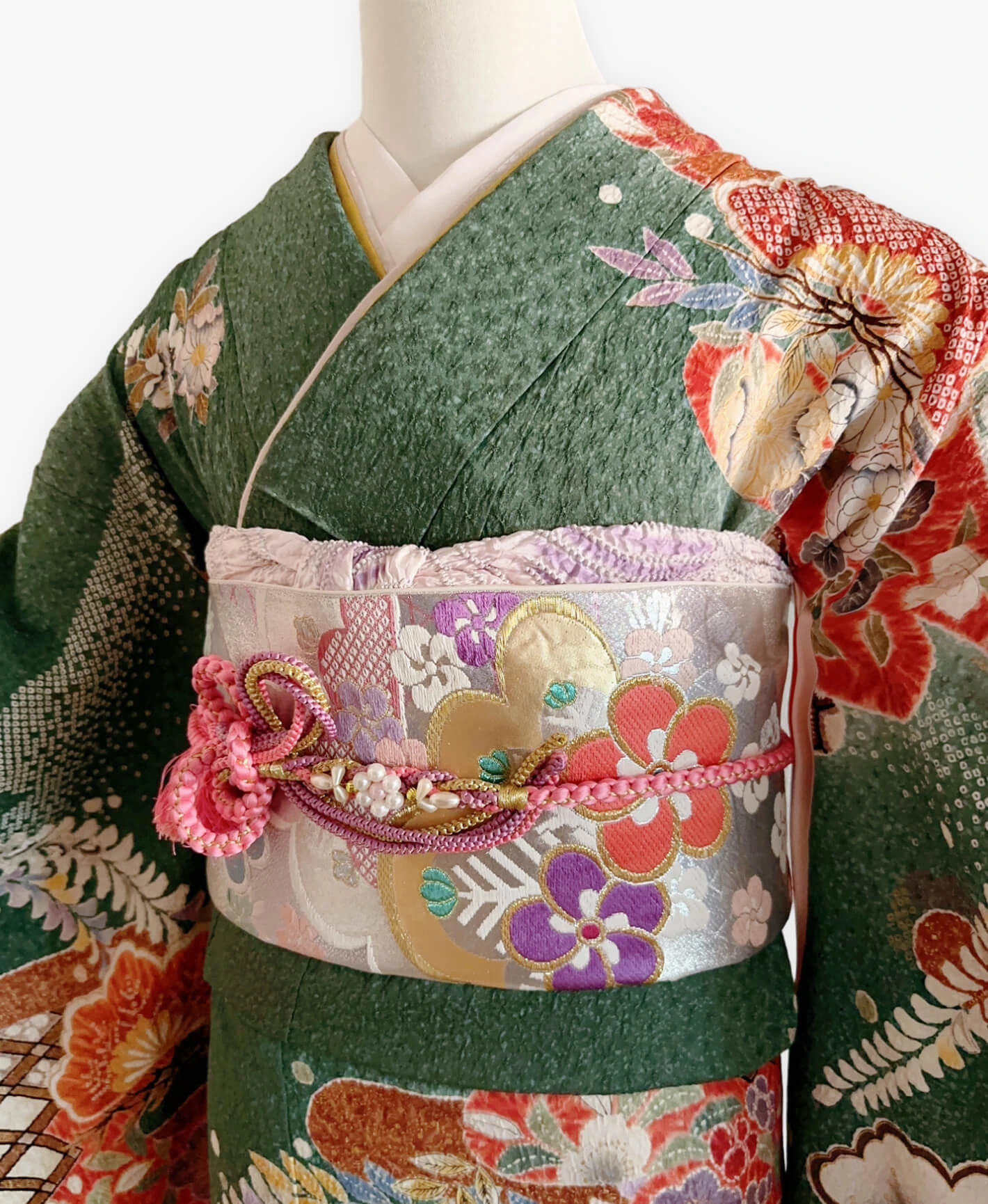 木賊色 緑系 暈し染め 絞り 藤 松 花草 振袖レンタル - 画像 3