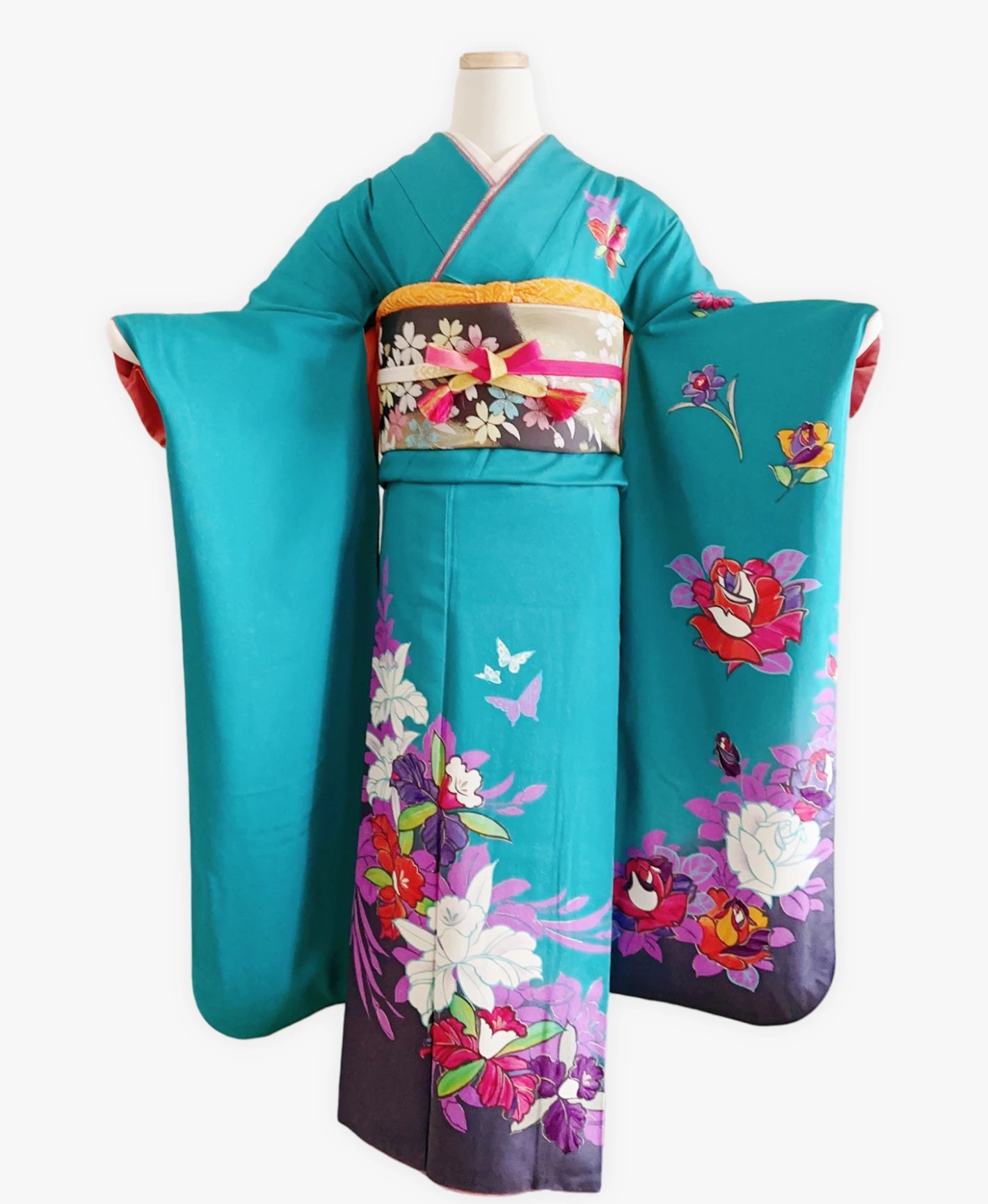 納戸色 青系 暈し染め 蝶 花草 振袖レンタル - 画像 1