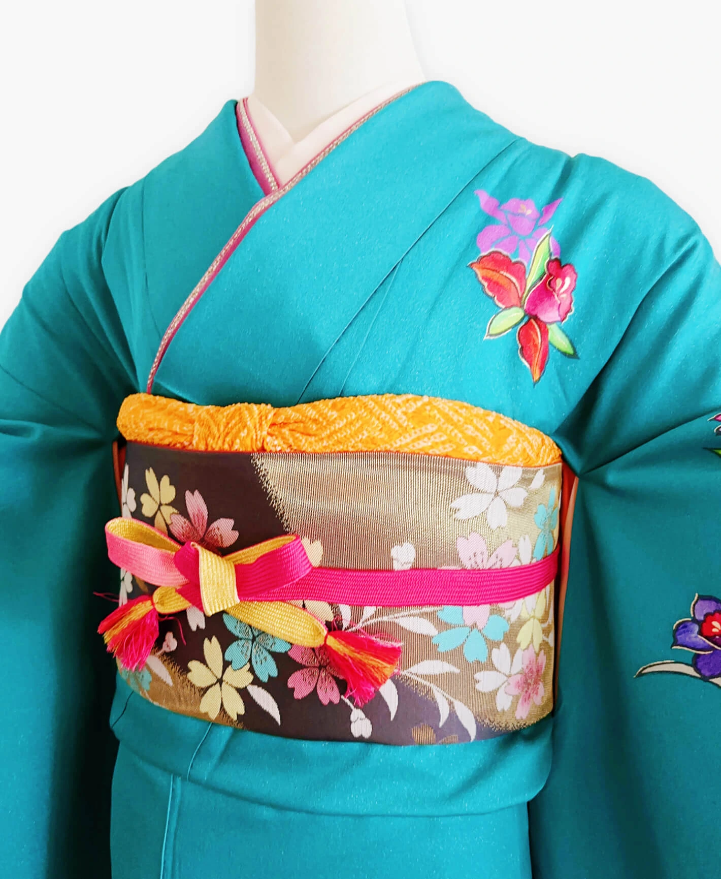 納戸色 青系 暈し染め 蝶 花草 振袖レンタル - 画像 3