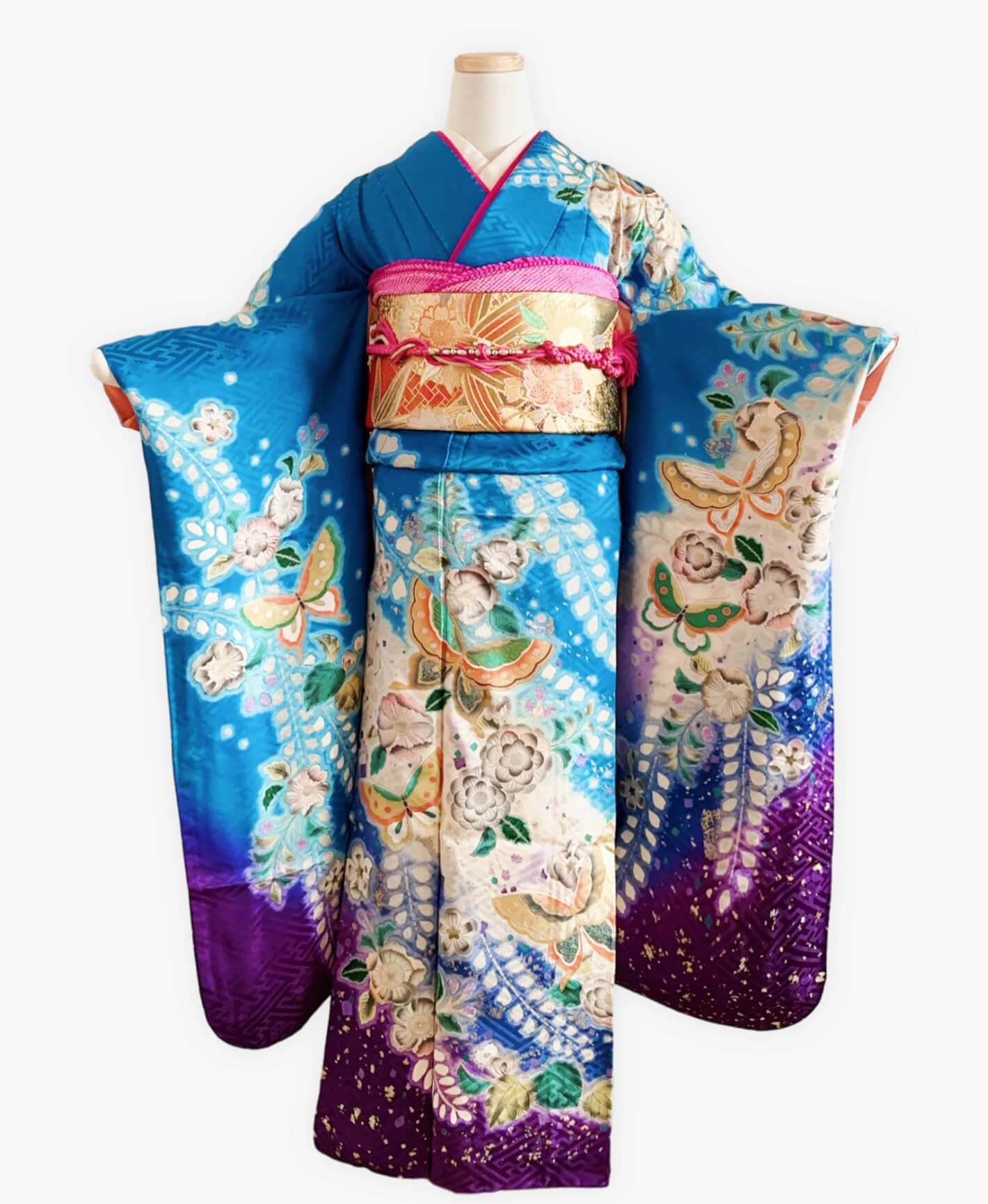 紺碧 青系 暈し染め 金彩 手描き 絞り 辻が花 蝶 振袖レンタル - 画像 1