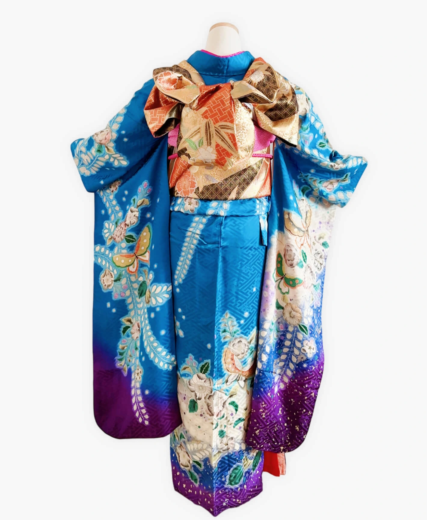 紺碧 青系 暈し染め 金彩 手描き 絞り 辻が花 蝶 振袖レンタル - 画像 2