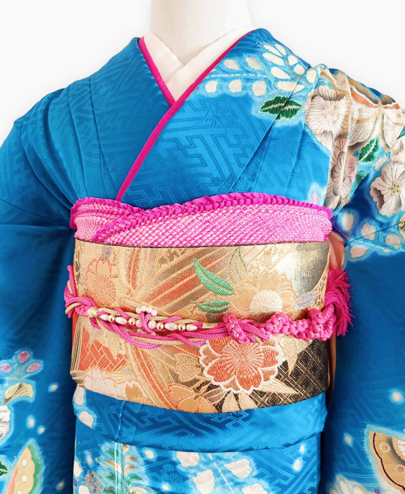 紺碧 青系 暈し染め 金彩 手描き 絞り 辻が花 蝶 振袖レンタル - 画像 3