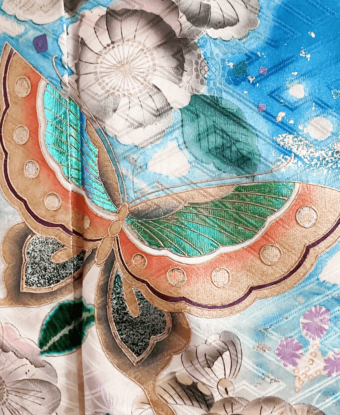 紺碧 青系 暈し染め 金彩 手描き 絞り 辻が花 蝶 振袖レンタル - 画像 6