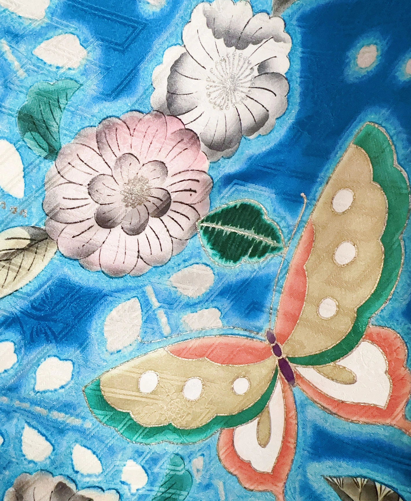 紺碧 青系 暈し染め 金彩 手描き 絞り 辻が花 蝶 振袖レンタル - 画像 10