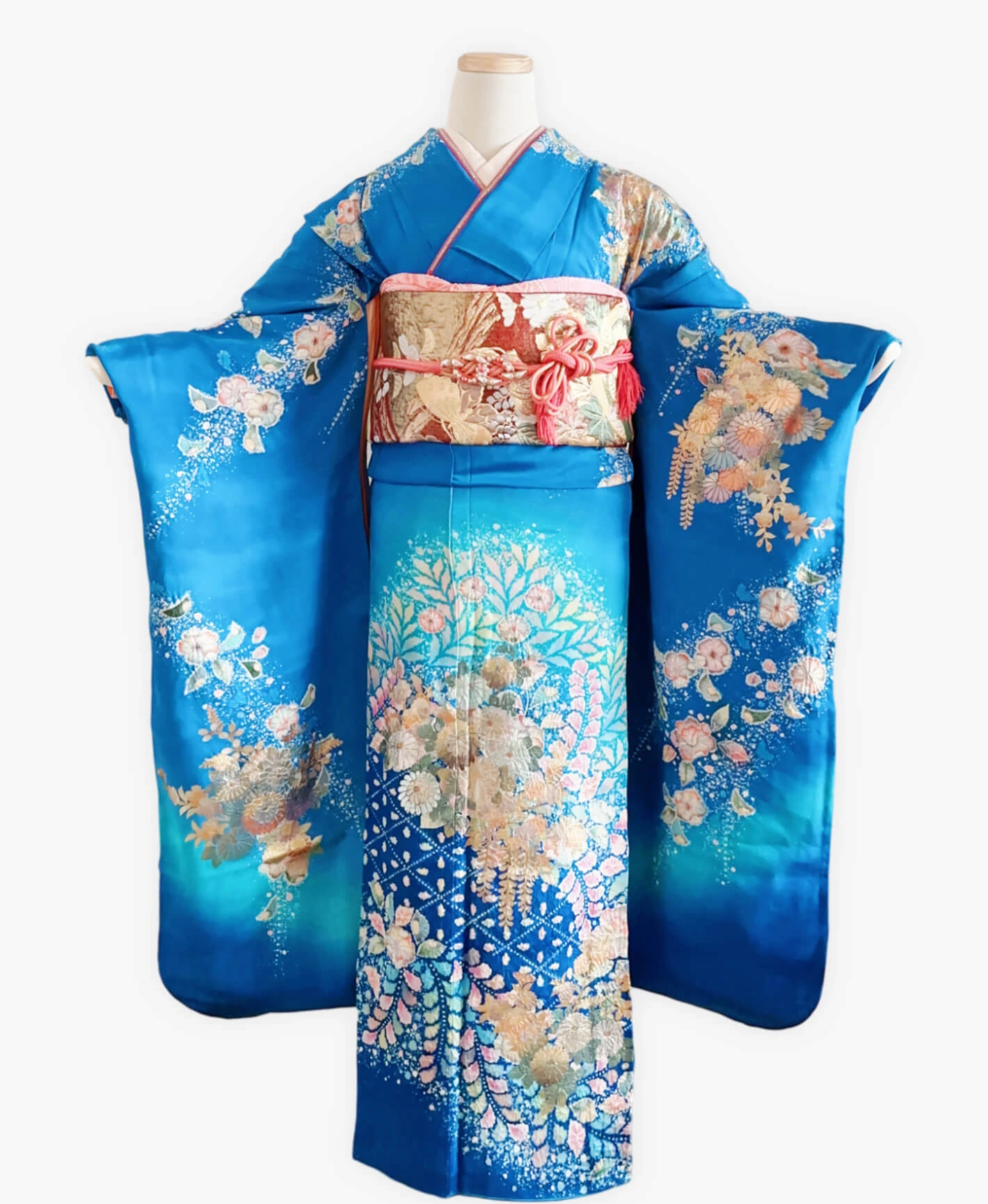 薄藍 青系 暈し染め 金彩 翠山工坊 手描き 絞り 辻が花 振袖レンタル - 画像 1