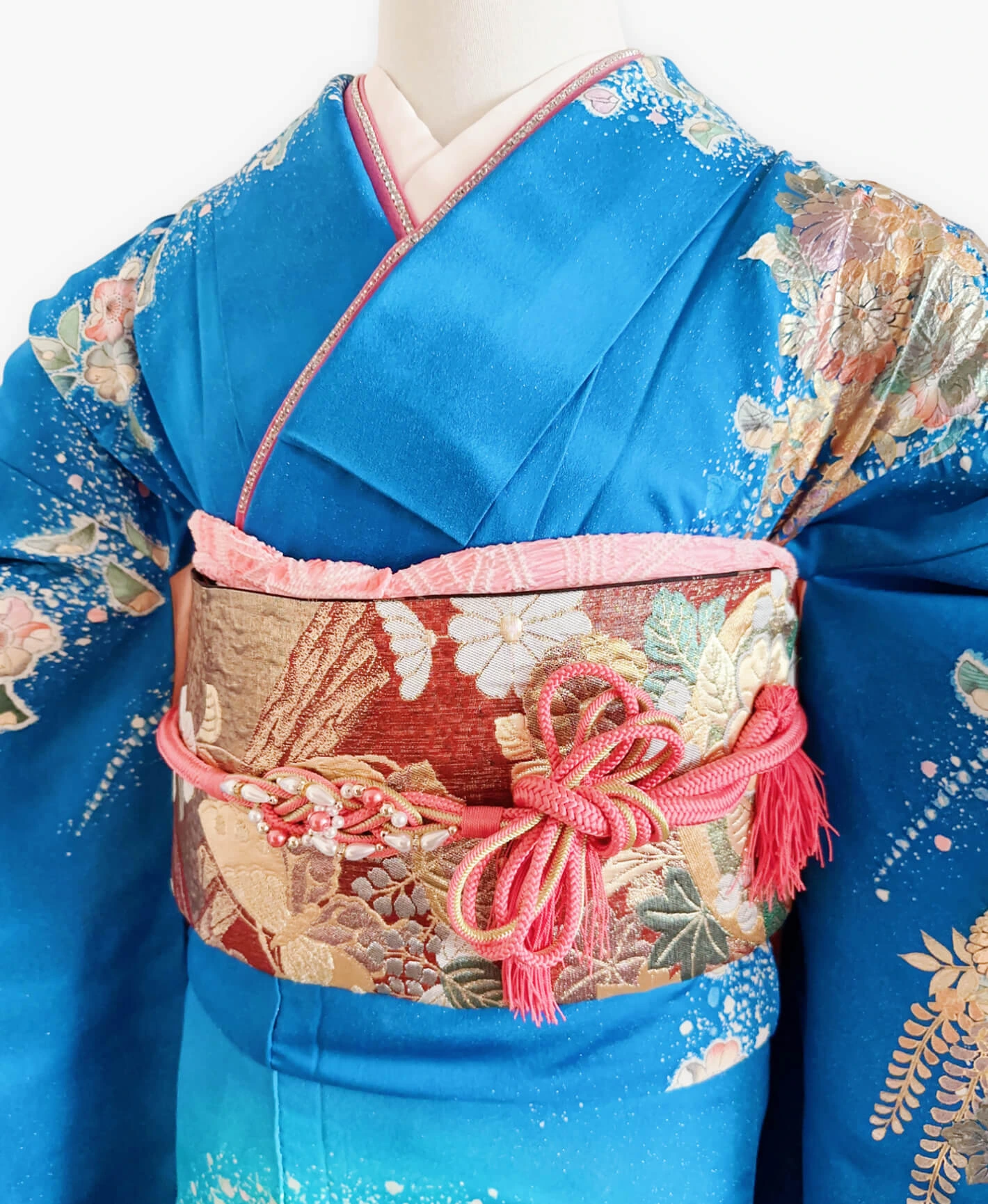 薄藍 青系 暈し染め 金彩 翠山工坊 手描き 絞り 辻が花 振袖レンタル - 画像 3