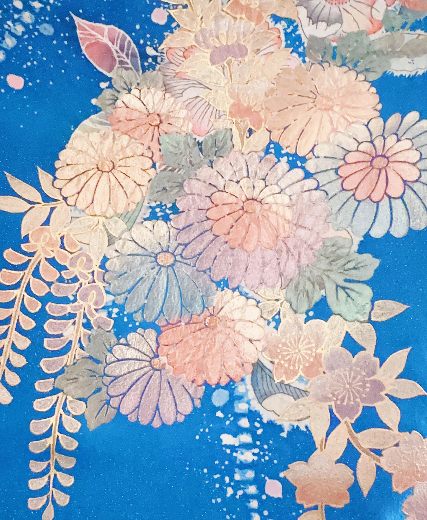 薄藍 青系 暈し染め 金彩 翠山工坊 手描き 絞り 辻が花 振袖レンタル - 画像 9