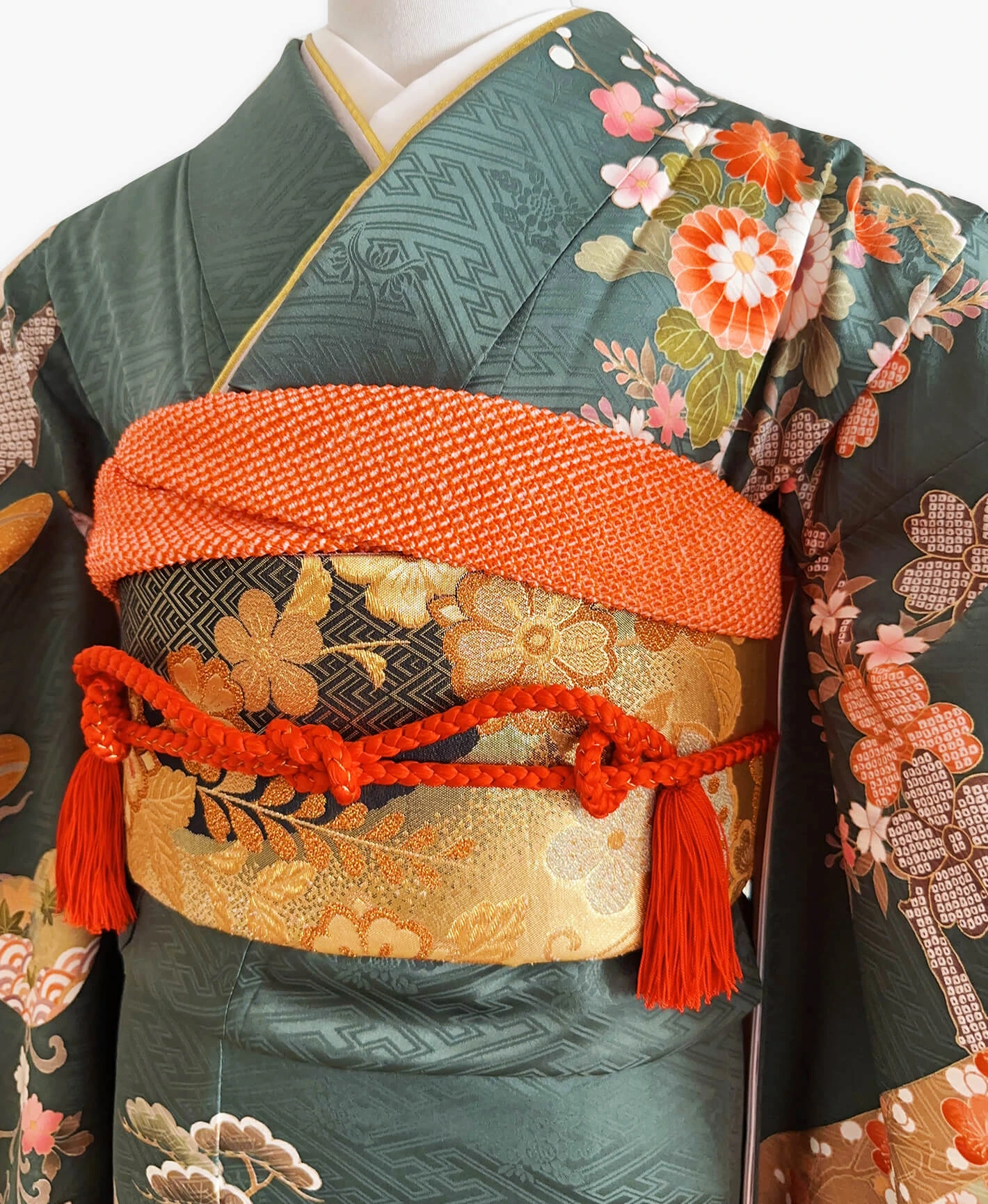 御召茶 青系 暈し染め 手描き 熨斗 松 牡丹 振袖 - 画像 3