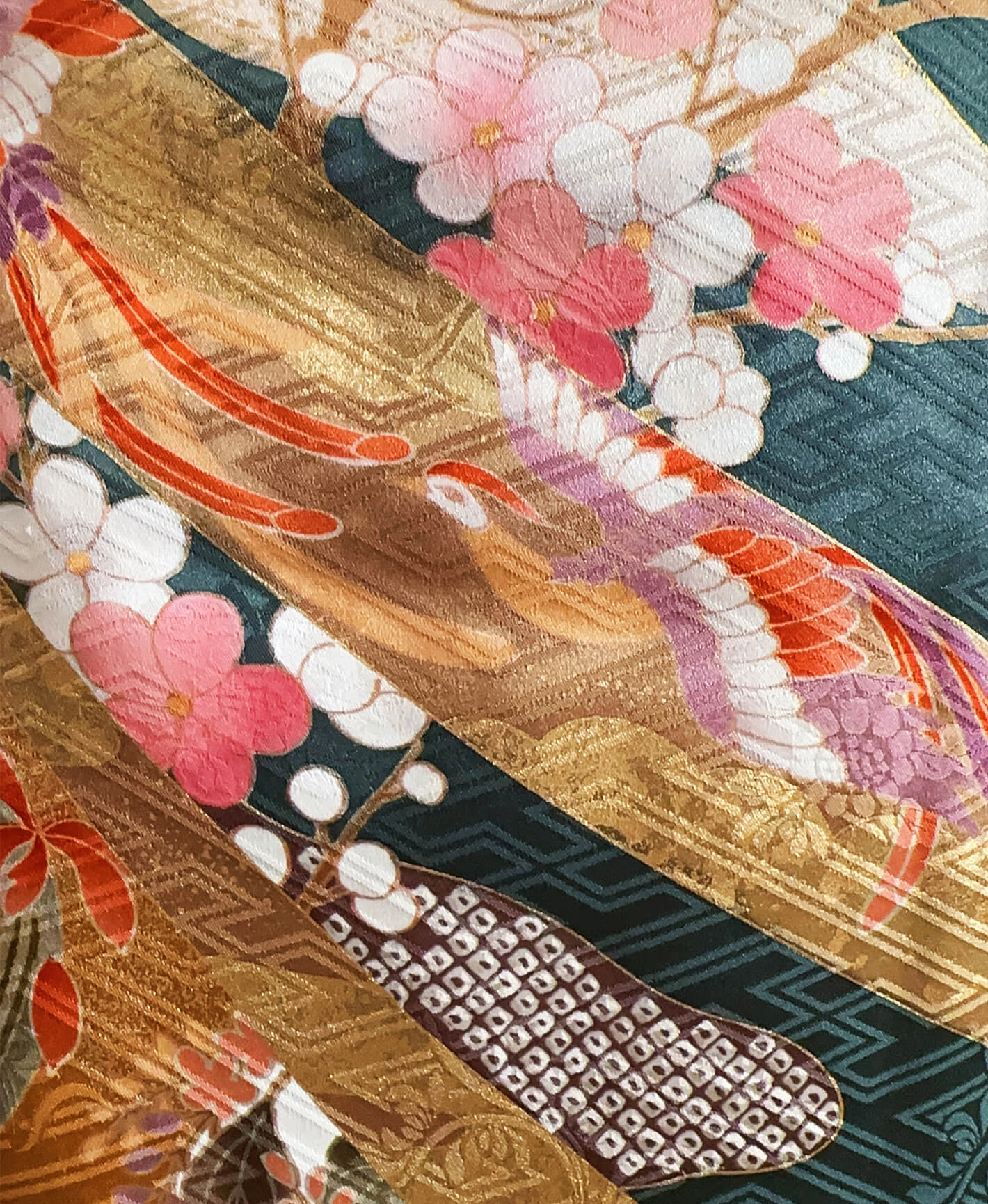 御召茶 青系 暈し染め 手描き 熨斗 松 牡丹 振袖 - 画像 6