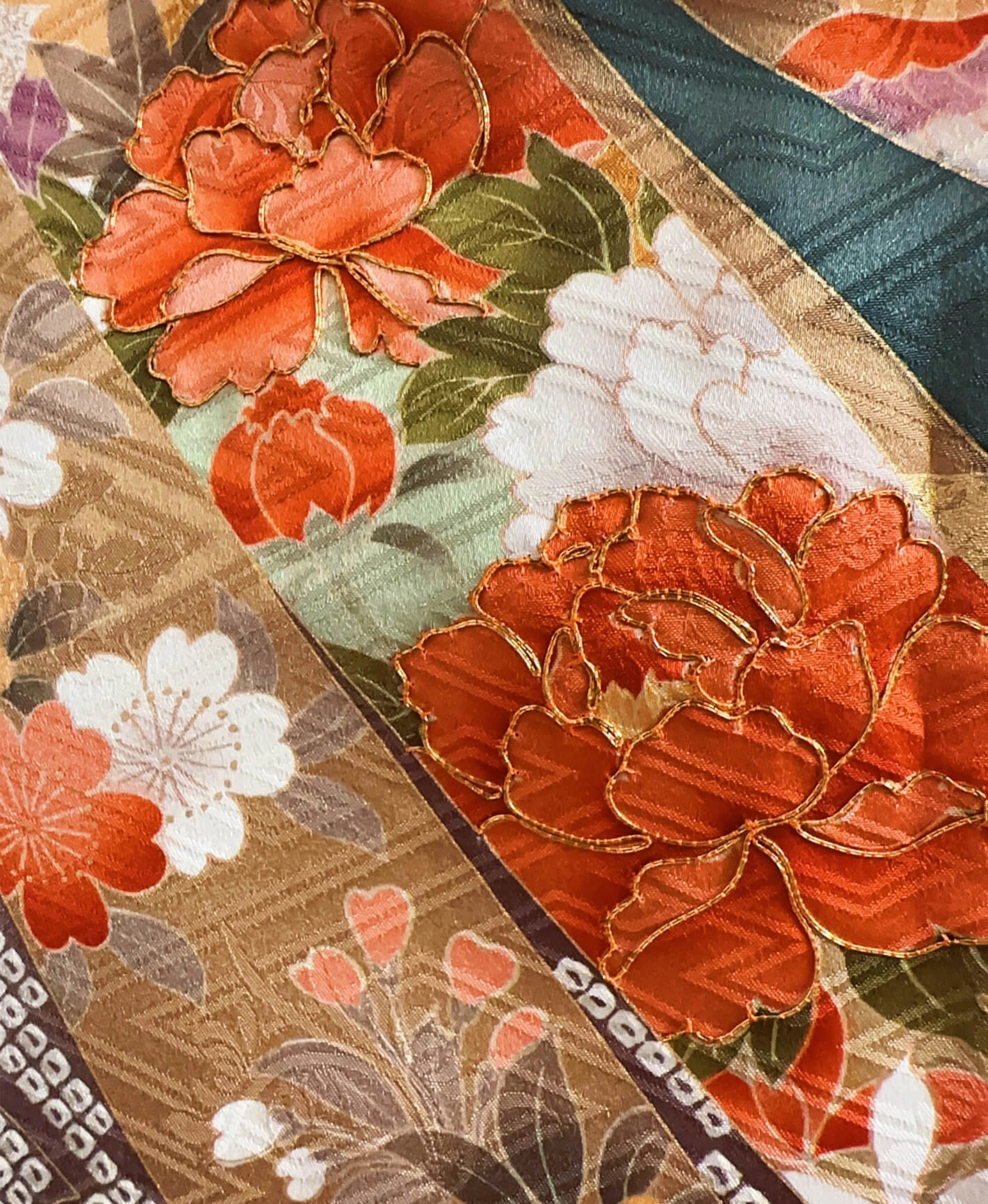御召茶 青系 暈し染め 手描き 熨斗 松 牡丹 振袖 - 画像 7