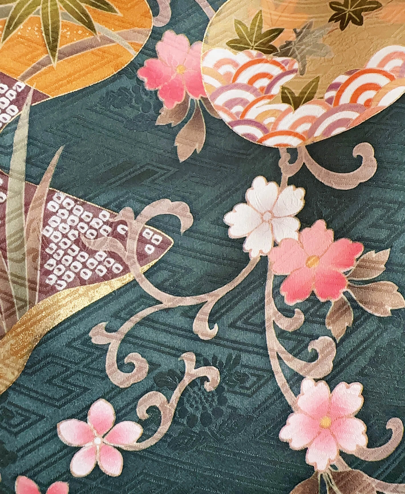 御召茶 青系 暈し染め 手描き 熨斗 松 牡丹 振袖 - 画像 8