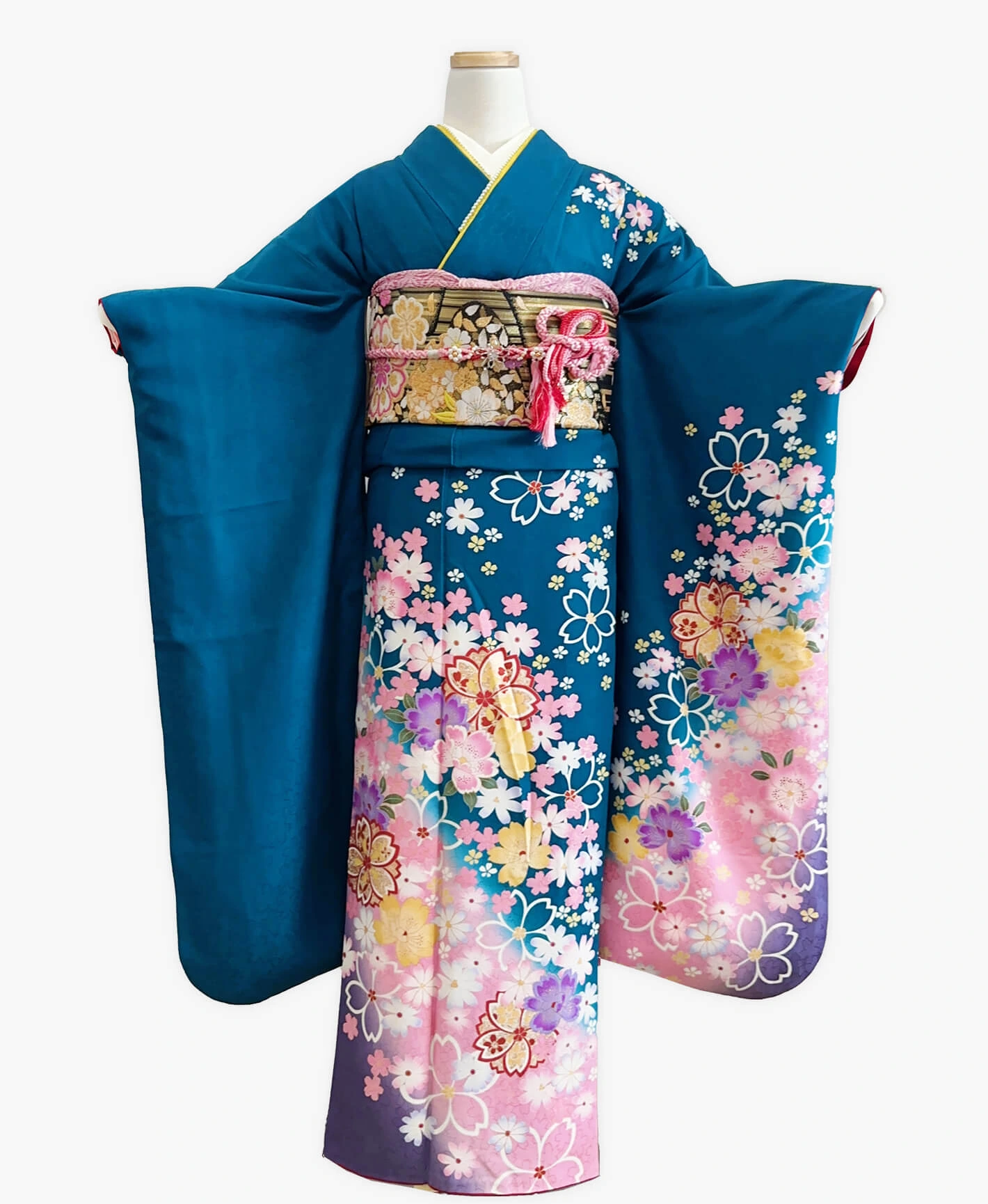 花浅葱 青系 手描き 暈し染め 百花爛漫 振袖 - 画像 1