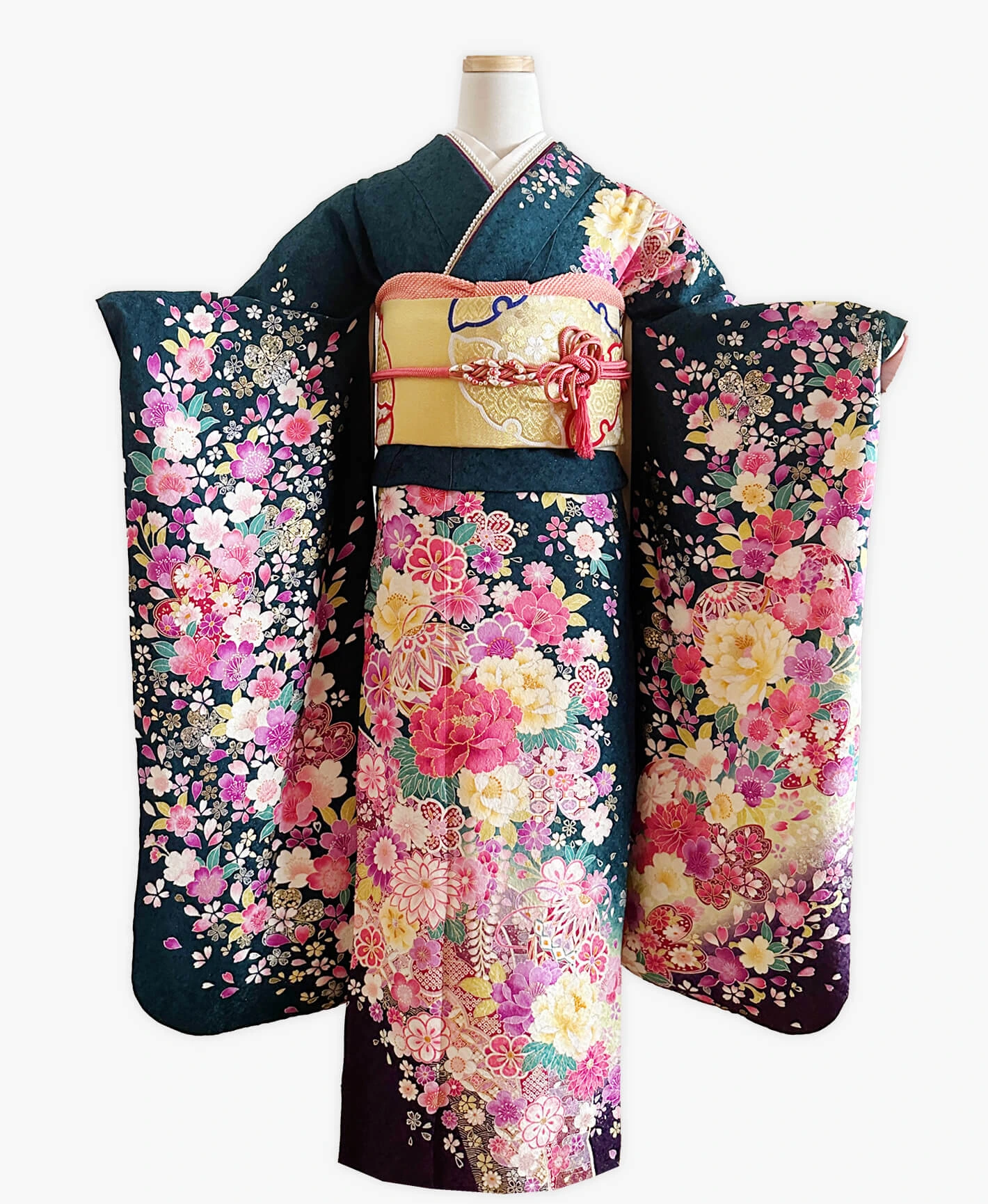 百入茶 青系 ピンク系 暈し染め 手描き 花草文 振袖 - 画像 1